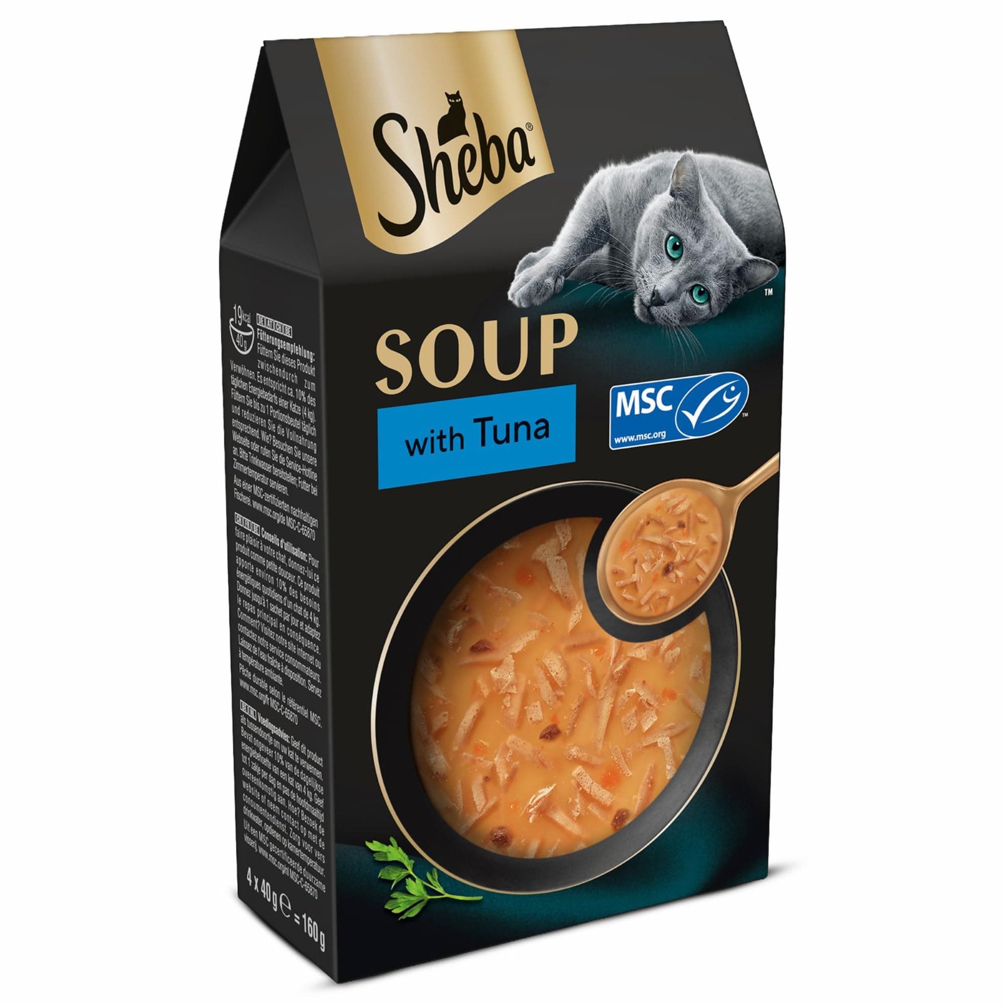 Sheba Soup with Tuna Adult Wet Cat Food, 160g (4 x 40g), Finely Sliced Pieces of Tuna in Smooth, Silky and Velvety Broth