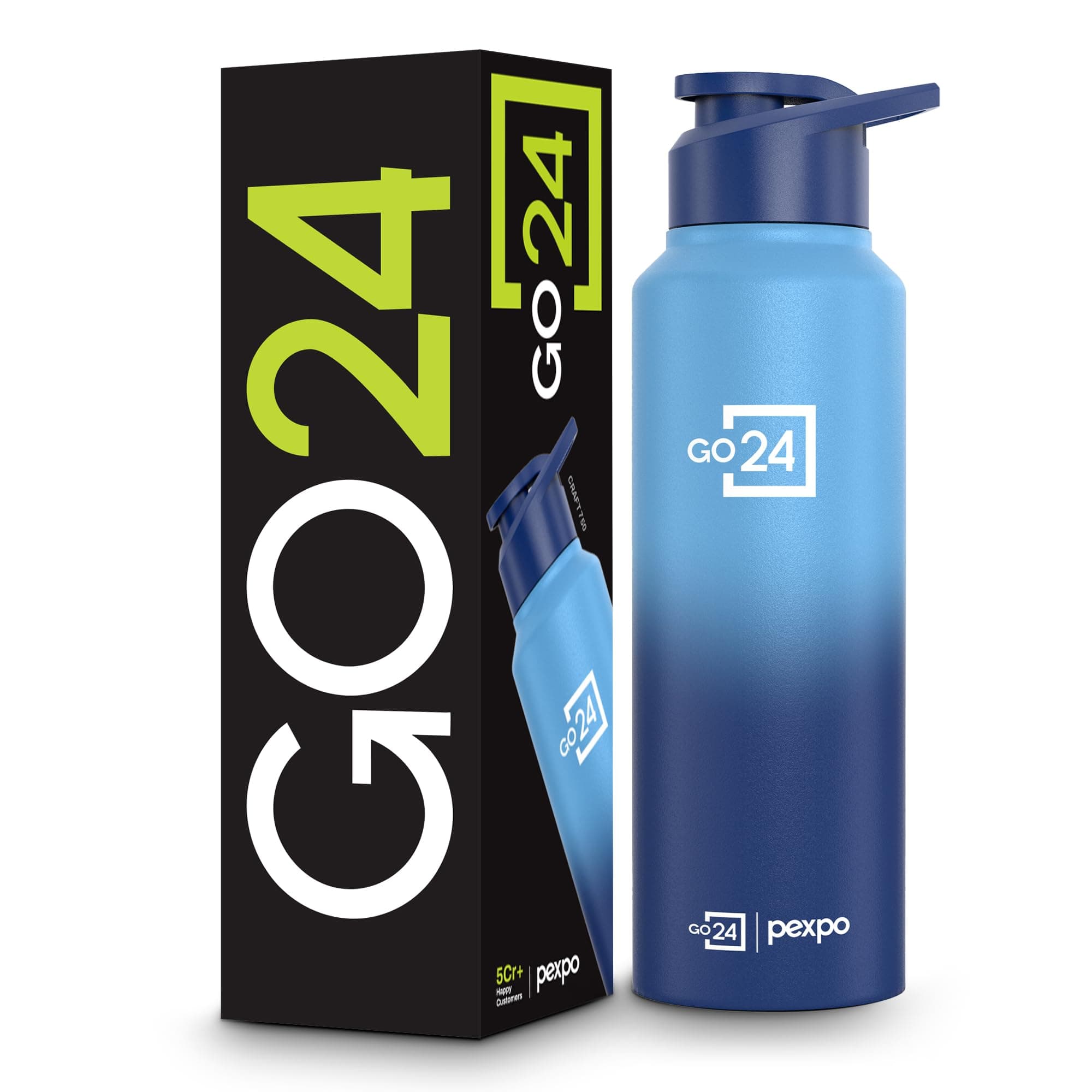 Go24 pexpo Stainless Steel Water Bottle Craft Blue-Denim Blue Ombre 750ml | Sipper Cap Lightweight single-wall water bottle with leakproof lid, BPA-free, ideal for school, office, gym, travel.