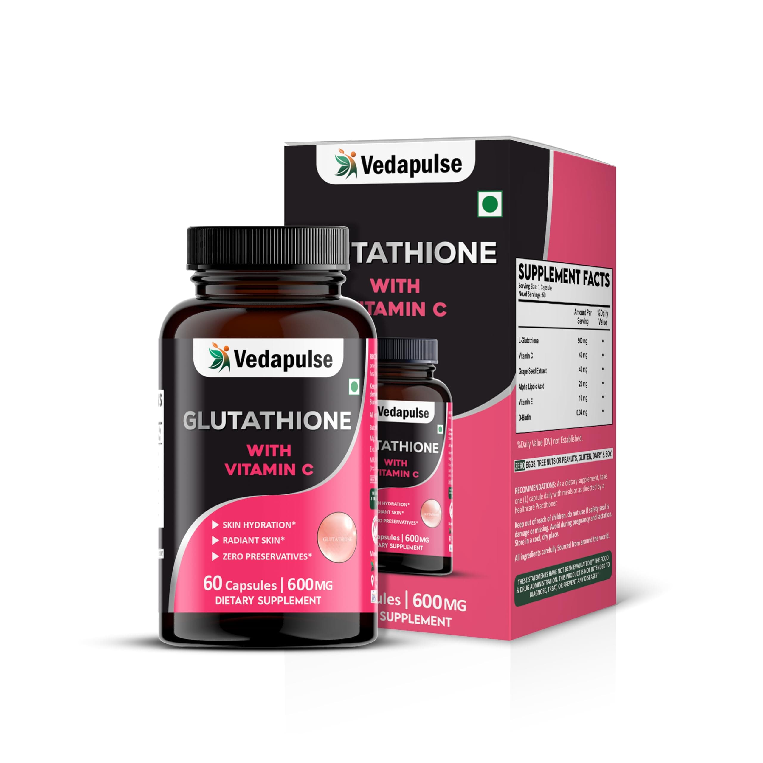 Vedapulse Glutathione with Vitamin C, Grape Seed Extract, Alpha Lipoic Acid, Vitamin E & Biotin | Skin Radiance, Hydration & Antioxidant Support | 60 Capsules