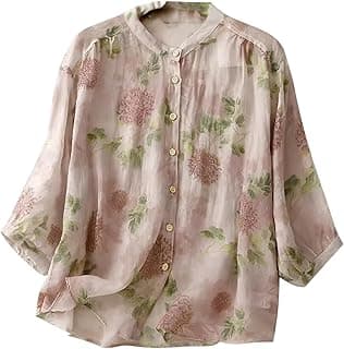 Gufrina Women’s Light Rose Floral Printed Button Down Shirt with Mandarin Collar and Relaxed Fit 3/4 Sleeves