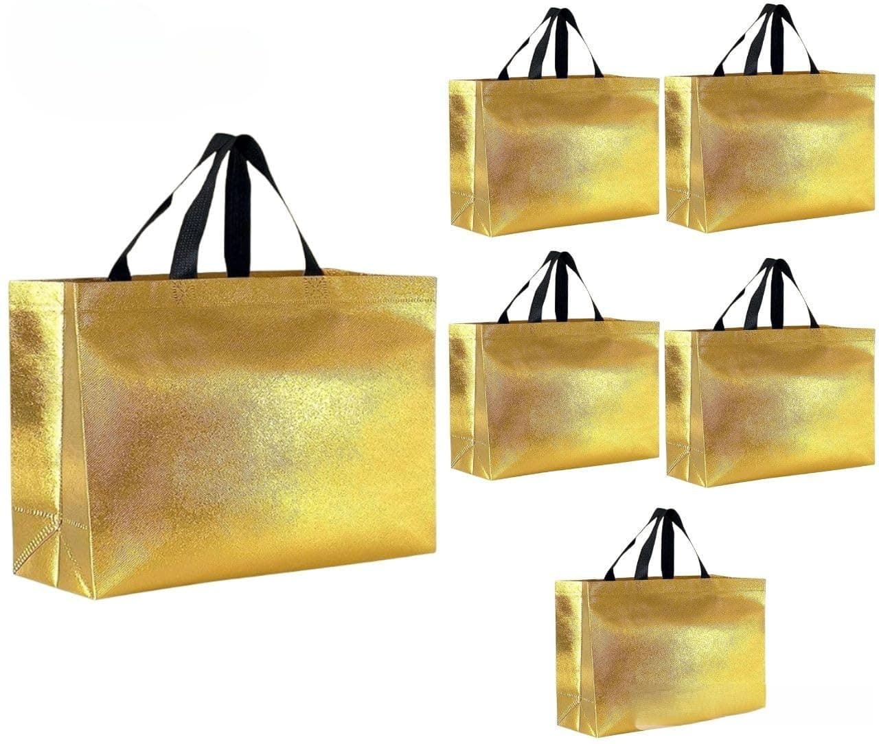 Evafly Unisex Gift Shopping Bag Medium Size Pack of 5 : L17xW5xH12 inch|Resuable Non-Woven Shiny Metallic Laminated|Haldi Kumkum Return Gifts, Jute Bags for Return Gift For Birthday - Large Golden