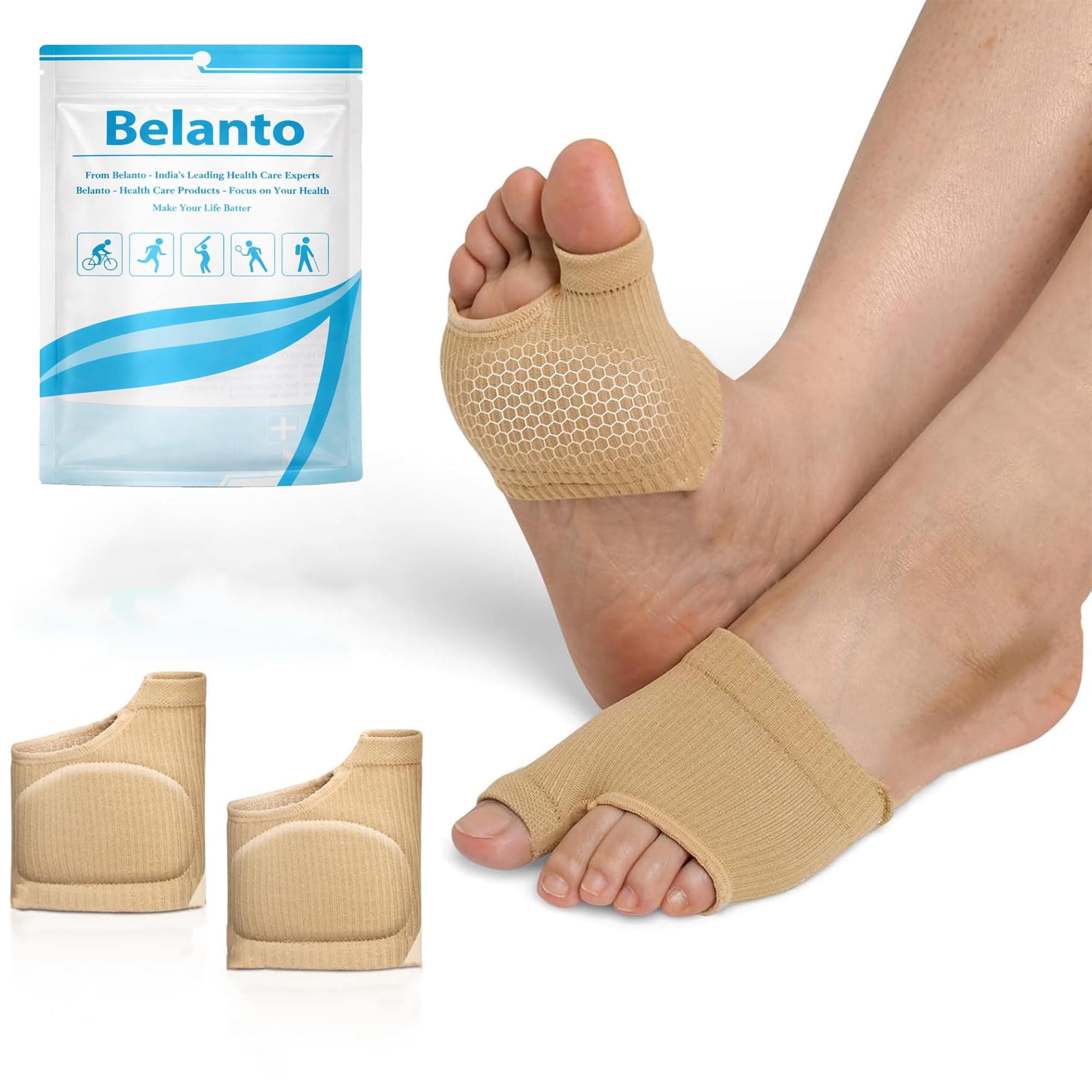 Belanto Metatarsal Pad for Women and Men, 1 Pair Forefoot Pad for Pain Relief, Hallux Valgus Bunion Foot Sleeve, Ball of Foot Cushion with Gel Pad, Morton's Neuroma, Metatarsalgia Support, Beige