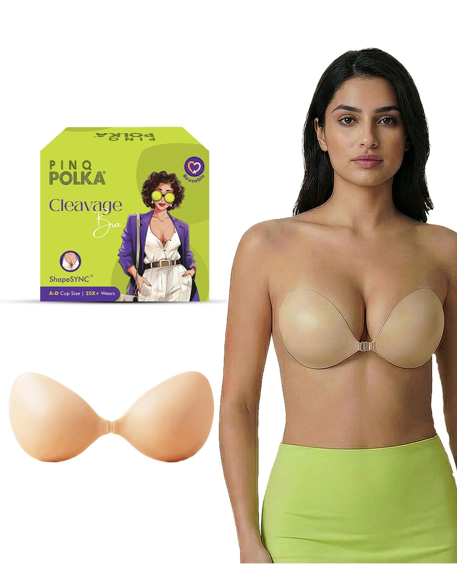 PINQ POLKA Adhesive Stick on Bra for Backless Dress, Strapless Silicone Seamless Invisible Cleavage Bra, Sweatproof Non-Slip, No Visible Straps or Lines