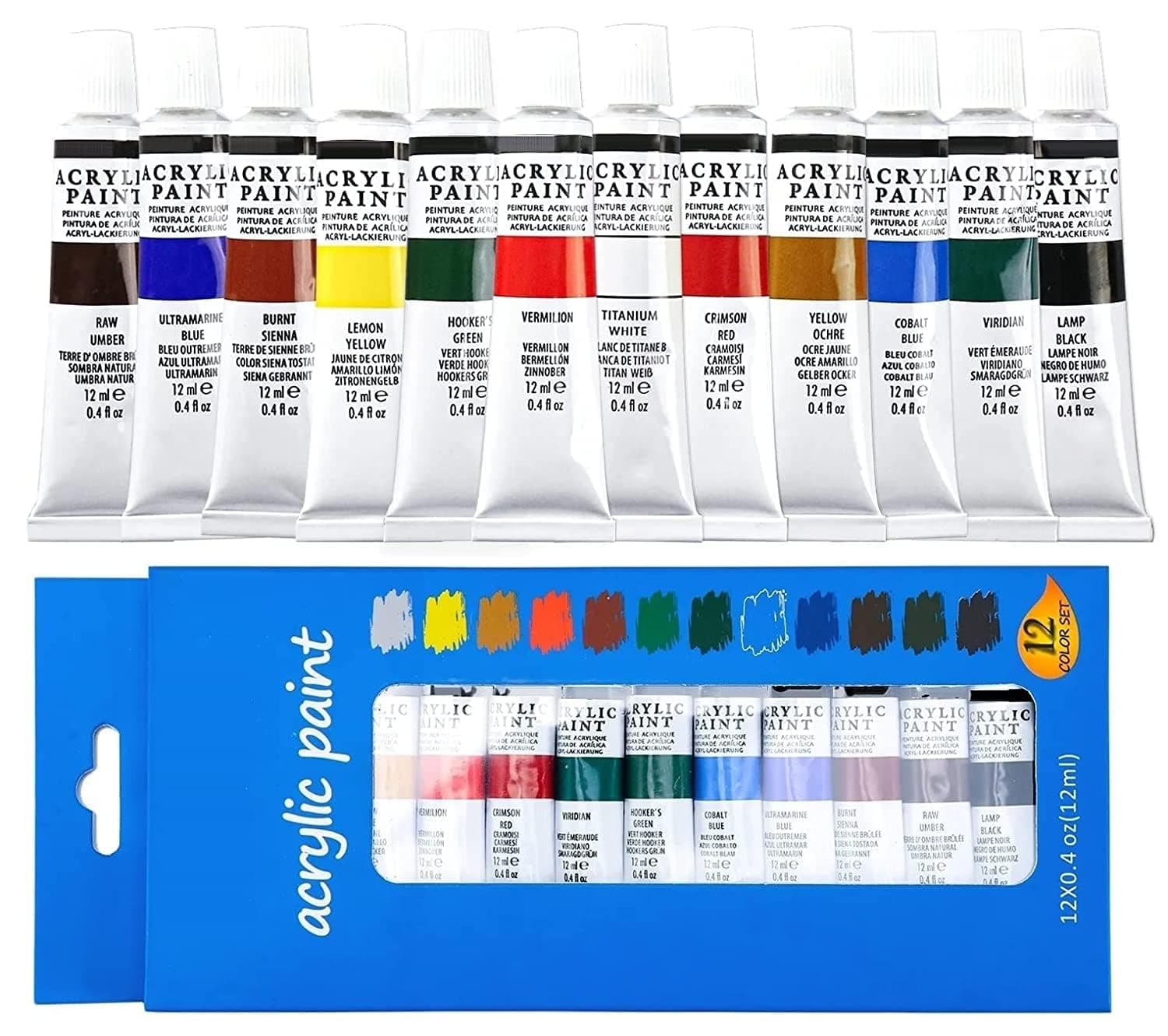 Corslet Acrylic Colour Set For Adults Kids Professionals-12 Color Set of 10ml Each-High Pigment Strength Eco Friendly Non Fading Non Toxic Multi Surface Acrylic Paint (12ml each, 12 Colors)
