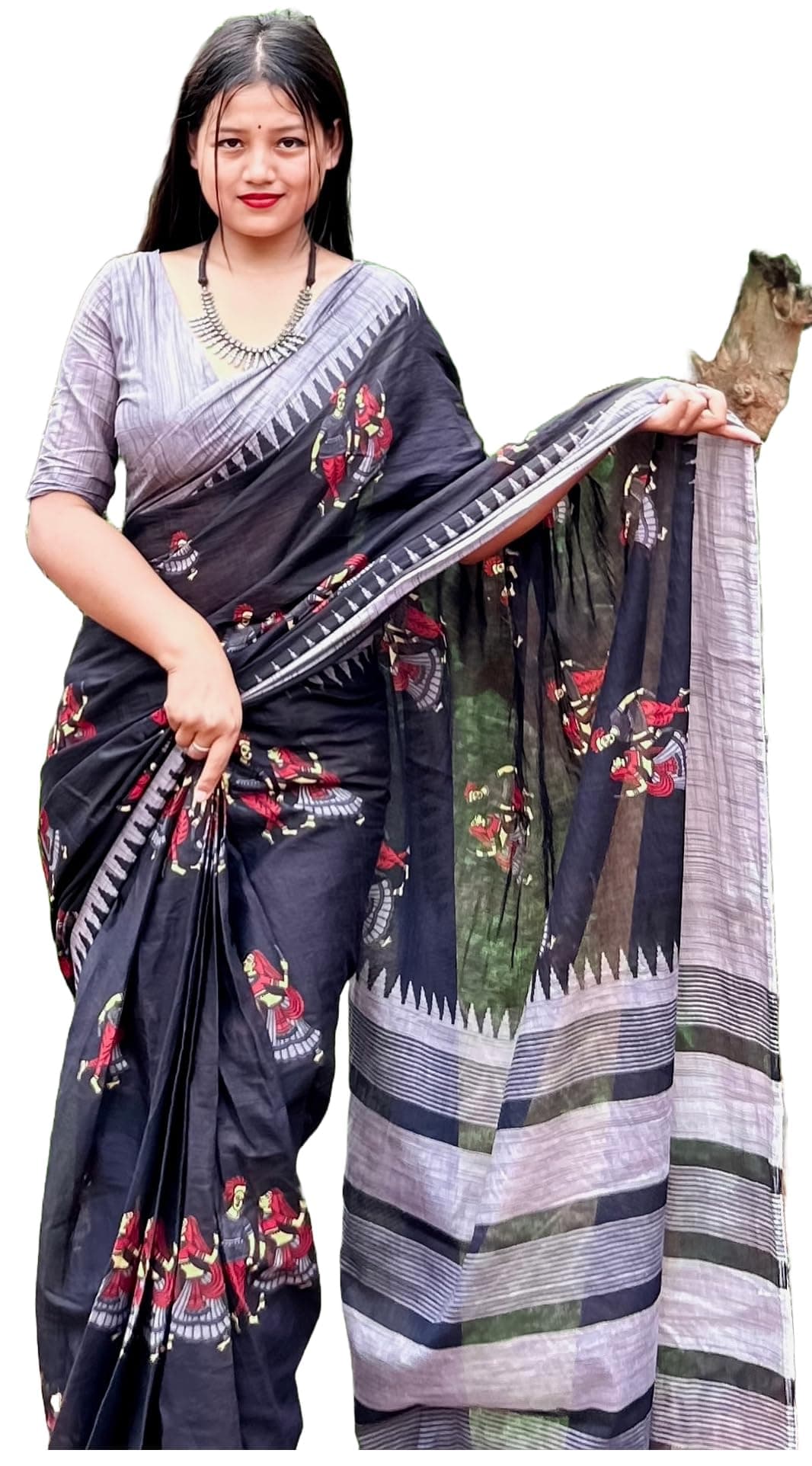 ETHNICCROWN Women's Mul Cotton Handblock Printed Lightweight Saree with Blouse,Black