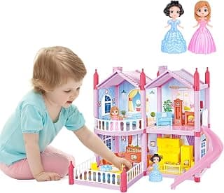deAO Doll House with 2 Princesses, Furniture and Accessories, Pink Dream Doll House for Little Girls - 4 Rooms and 1 Garden, Furniture and Accessories, Gift for Girls 2-8 Years Old