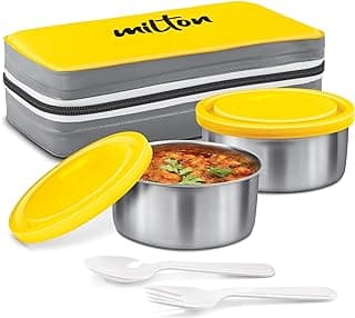MILTON New Mini Lunch Box with Insulated Bag, 2 Containers (2 Stainless Steel 280 ml Each, Spoon & Fork), Leak-Proof Tiffin for Office, School, College, Yellow