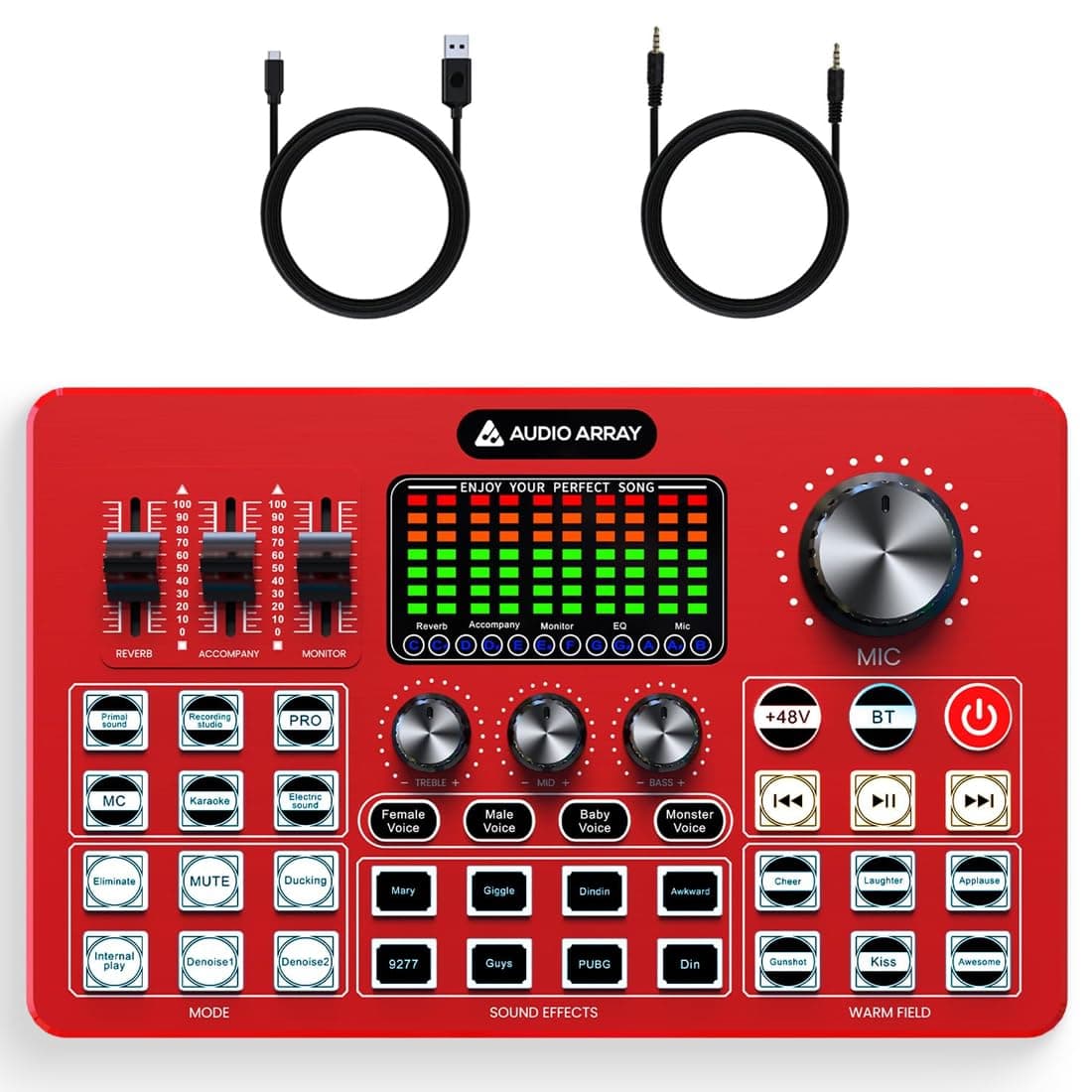 Audio Array Sound Card Audio Interface | AI-10 Audio Mixer with Bluetooth, 3 Condenser Mic Inputs, +48V Phantom Power, Voice Modes, Denoise & Built-In FX for Gaming, Karaoke & Live Streaming