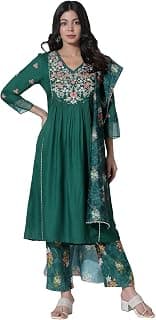 W for Woman Emerald Green Panelled Embroidered Kurta, Pants and Printed Chanderi Dupatta