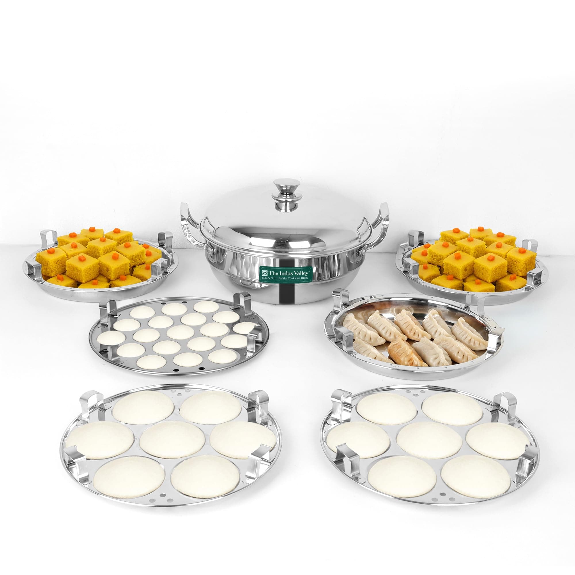 The Indus Valley Triply Stainless Steel Idli Maker/Multi Kadai | 6 Plates, 2 Idli | 1 Mini Idli | 2 Dhokla | 1 Steamer | Momo Maker/Steamer Set | 27cm/10.6 inch, 5Ltr, 3.7kg | 3-Layer Body | Induction Friendly