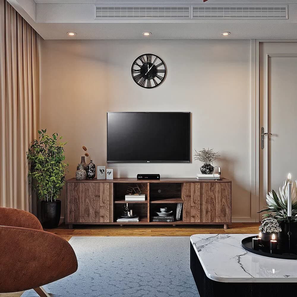 Wakefit TV Unit | 1 Year Warranty | TV Stand Table, TV Unit for Living Room, TV Cabinet, Cabinet Engineered Wood Cabinet with 2 Door & Open Shelf Storage Upto 65'' (Peppa, Brown)