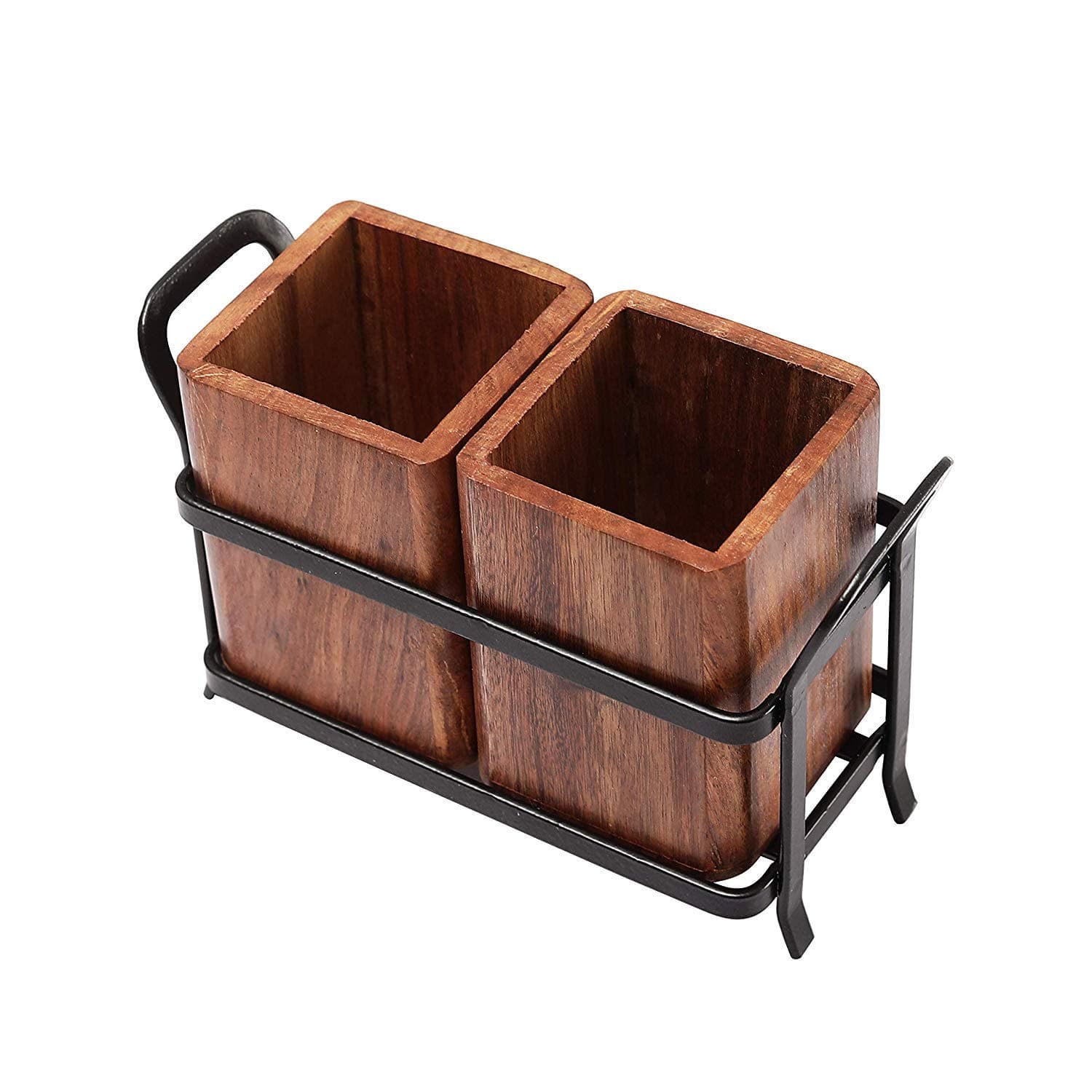 MFS Craft World Wooden Cutlery Holder with Metal Stand | Spoon Holder for Kitchen, Fork Organizer for Dining Table, Utensil Holder for Kitchen Counter | Rustic Wood Finish (2 Compartments)