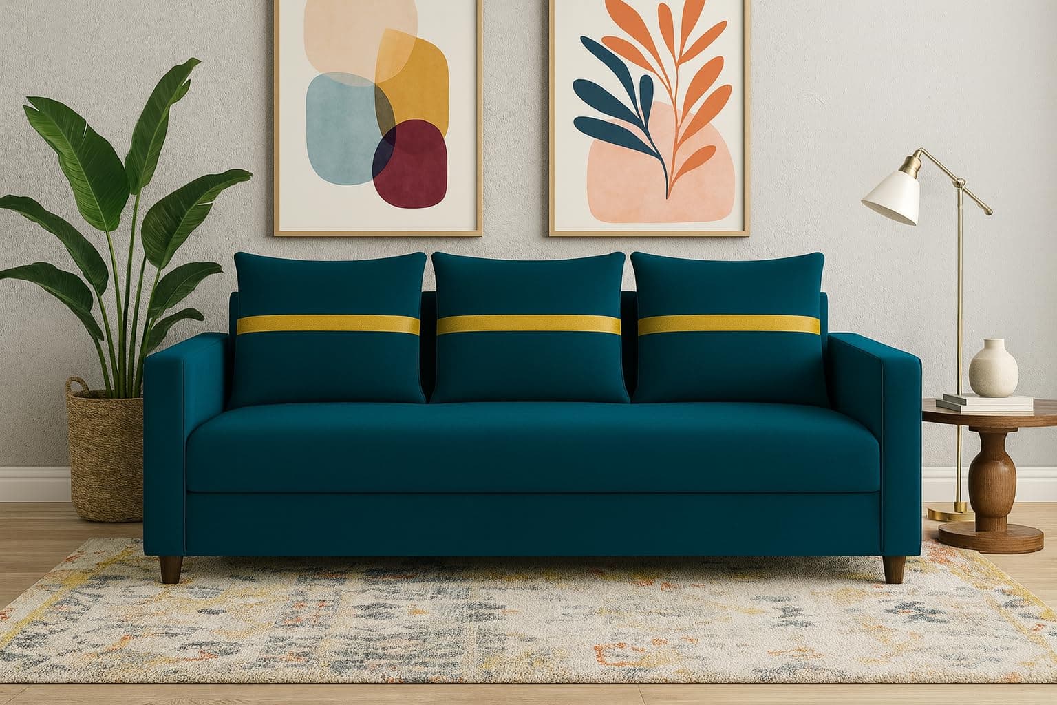 FURNY Premium Berris 3 Seater Fabric Sofa Set for Living Room | with Velvet Fabric | 3- Year Warranty in Teal Color