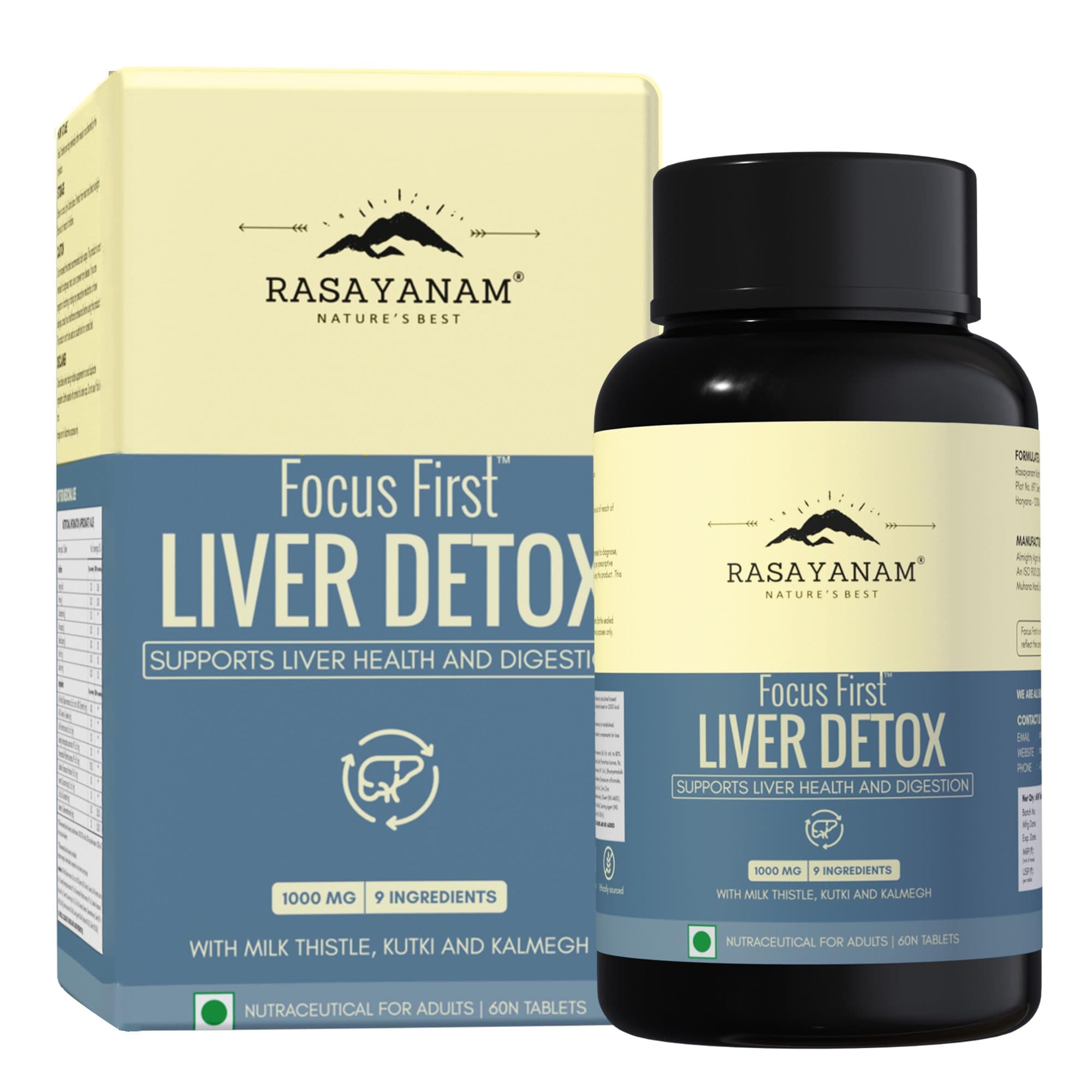 Rasayanam Liver Detox Supplement 1000mg | Milk Thistle and NAC | 80% Silymarin | Added herbs like Kutki, Kalmegh, Turmeric, Dandelion, Zinc & more | Supports Detox, Digestion, Energy & Daily Liver Wellness - 60 Tablets