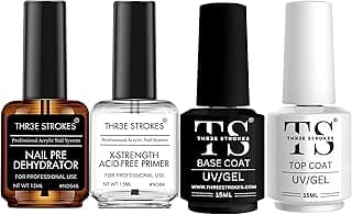 THR3E STROKES Nail Dehydrator and Primer with Gel Base & Top Coat Set, Acid Free Acrylic Nail Supplies Primer Glossy Gel Nail Polish Top Coat Starter Kit (MACHINES SE SIKHENGI)(UV LAMP REQUIRED) 15ML X 4