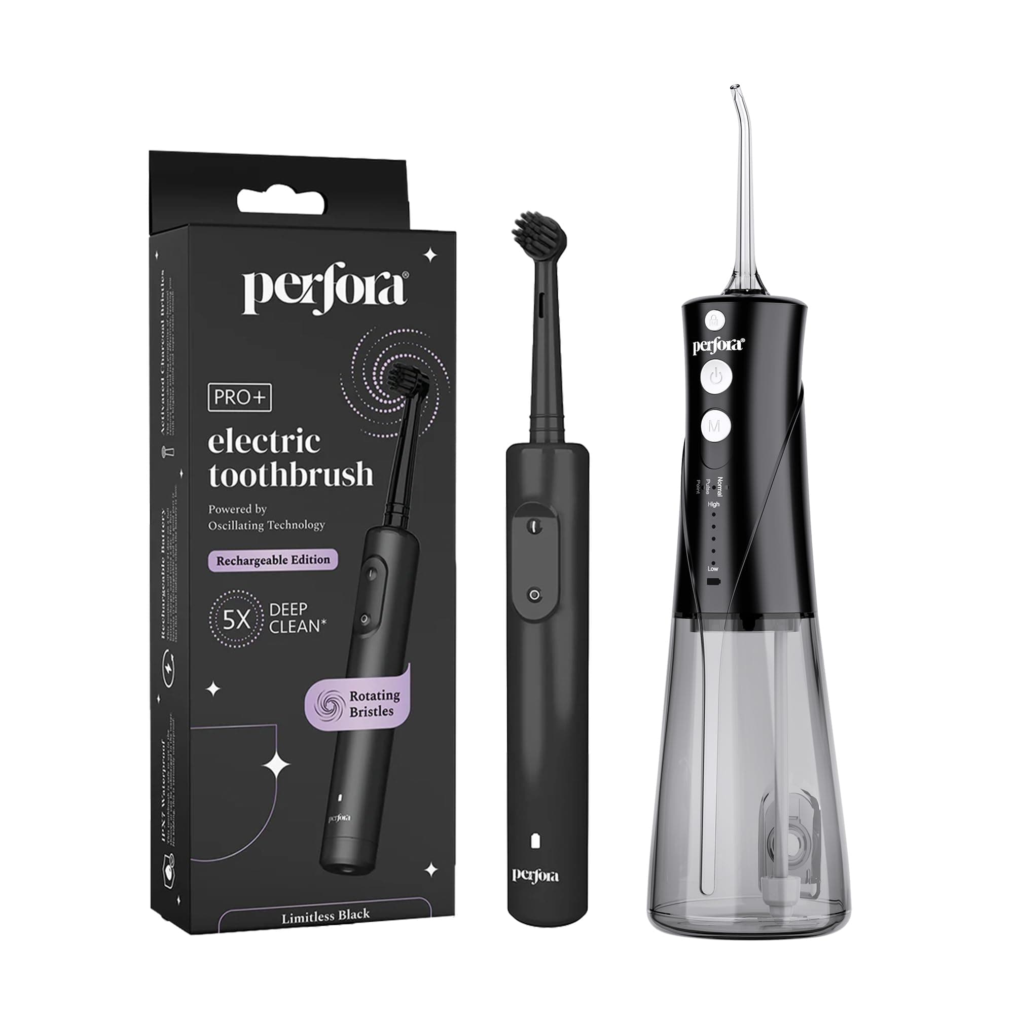 Perfora Advanced Oral Care Combo | Power Dental Water Flosser & PRO Oscillating Electric Toothbrush | 8 Pressure Settings, 2 Nozzles, Sonic Technology | Rechargeable & IPX7 Waterproof – (Limitless Black)