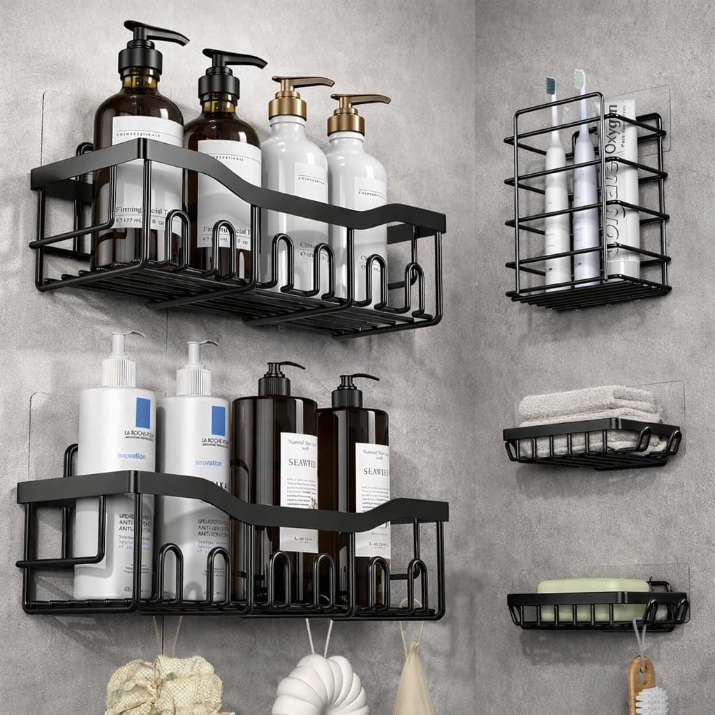 Zulaxy 5 in 1 Self Adhesive Bathroom Shelf Organizer with Soap Holder | Multipurpose Storage Rack Combo for Bathroom & Kitchen | No Drill, Rustproof, Stainless Steel and Waterproof (Set of 5, Black)