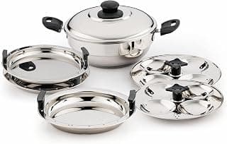 Pigeon Regal Plus Stainless Steel Multi Kadai with Idly, Steamer & Dhokla Plates | 8 Idli (2 Plates), 1 Steamer Plate, 2 Dhokla Plates | ISI Marked | Induction & Gas Stove Compatible