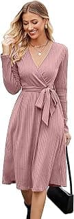 QUEEN ELLIE Women Fit and Flare Midi Dress | Wrap Style V-Neck Full Sleeve One Piece Dress with Waist Tie Detail | Knee Length Flared Dress for Party, Casual and Western Look