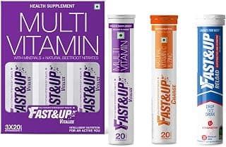 FAST&UP Vitalize Multivitamin Supplement 21 Vitamins And Minerals - 60 Tablets & Reload Electrolyte Energy And Hydration Drink - 20 Effervescent Tablets - Berry Flavour & Charge