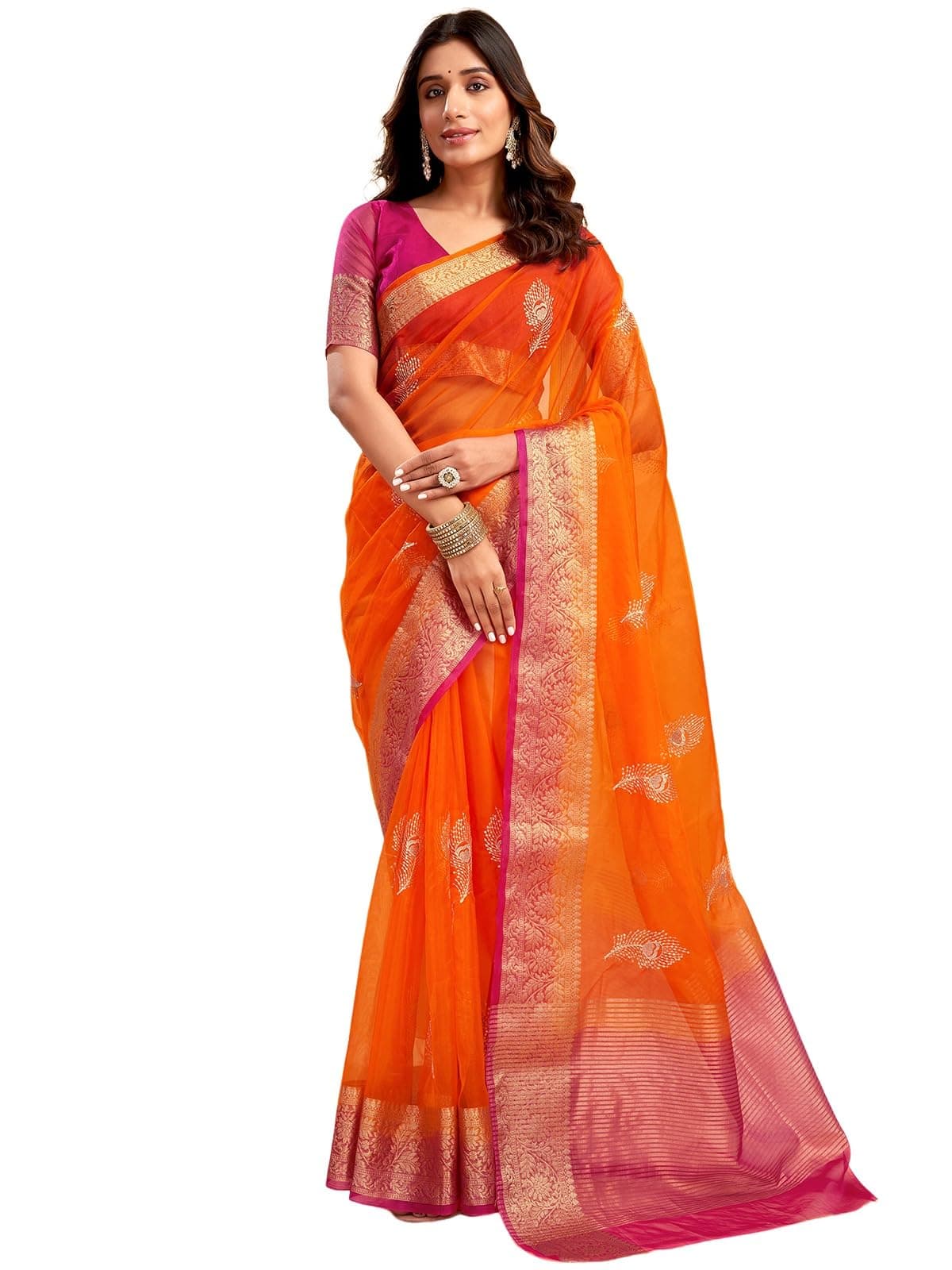Satrani Women's Organza Sequins Embroidery Jacquard Saree with Unstitched Blouse Piece