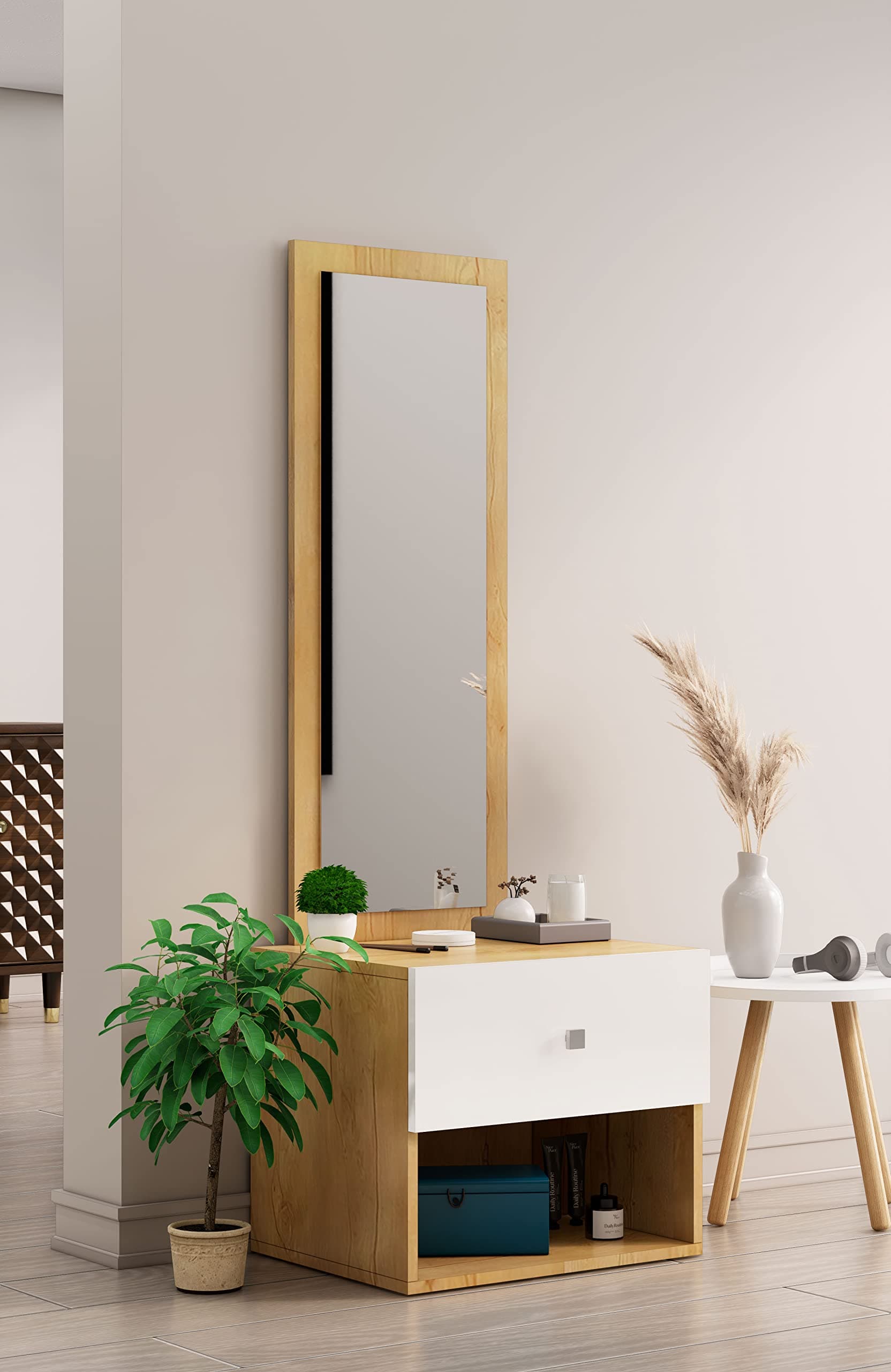 Bniture Wooden Dressing Table for Bedroom with 1 Drawer, Mirror and Huge Storage Space | Long Dresser Vanity Table with Mirror (42D x 60W x 180H CM) (Giant Wood & Frosty White, HXDR105)