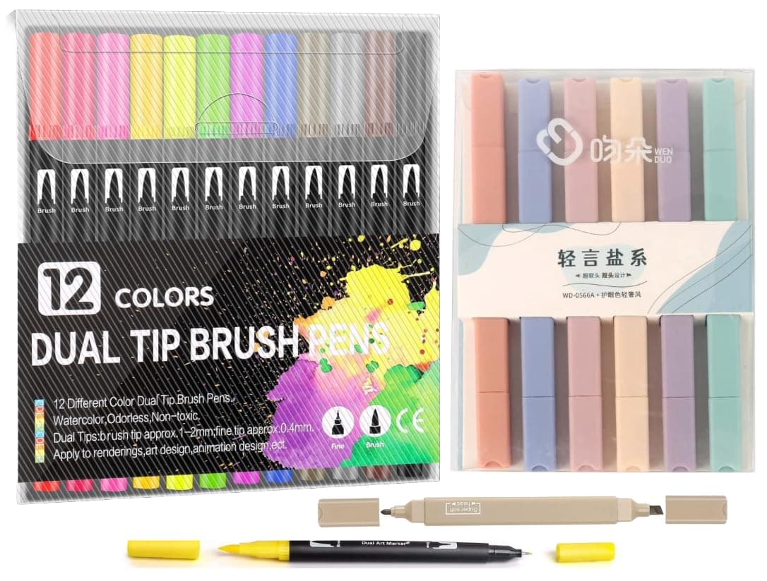 Corslet 18Pc Dual Tip Colour Markers Set - 12Pc Brush Pens 12 Shades & 6Pc Aesthetic Highlighter Pen Pastel Highlighter Set Sketch Colour Sketch Pen Set Calligraphy Brush Pen for Drawing & Sketching