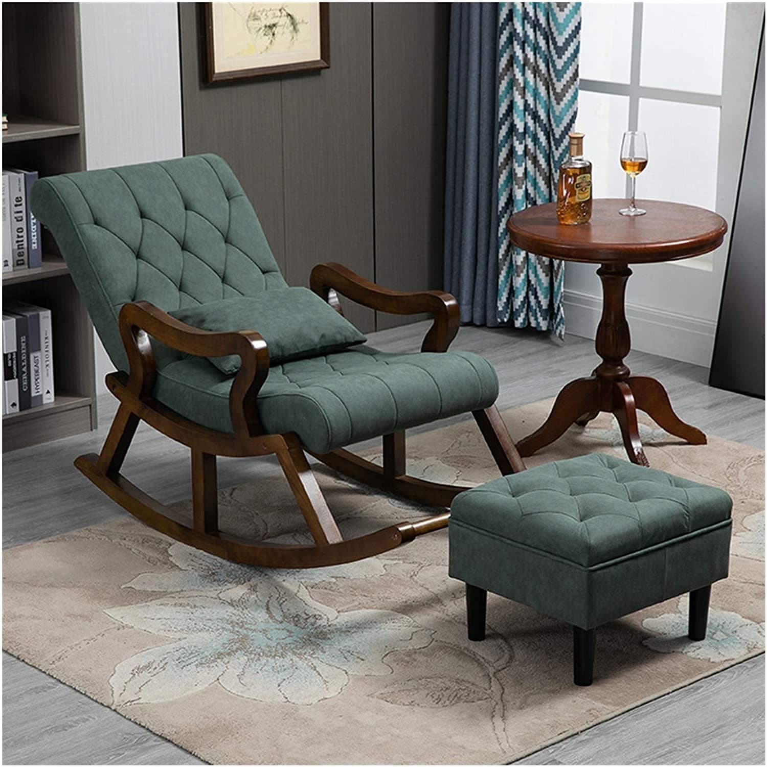 PHIRKCRAFT Solid Sheesham Wood Rocking Chair with Ottoman | Velvet Upholstered Relaxing Chair for Living Room | Comfortable Single Seater Arm Chair with Footrest & Cushion | Swed Green | Pre-Assembled