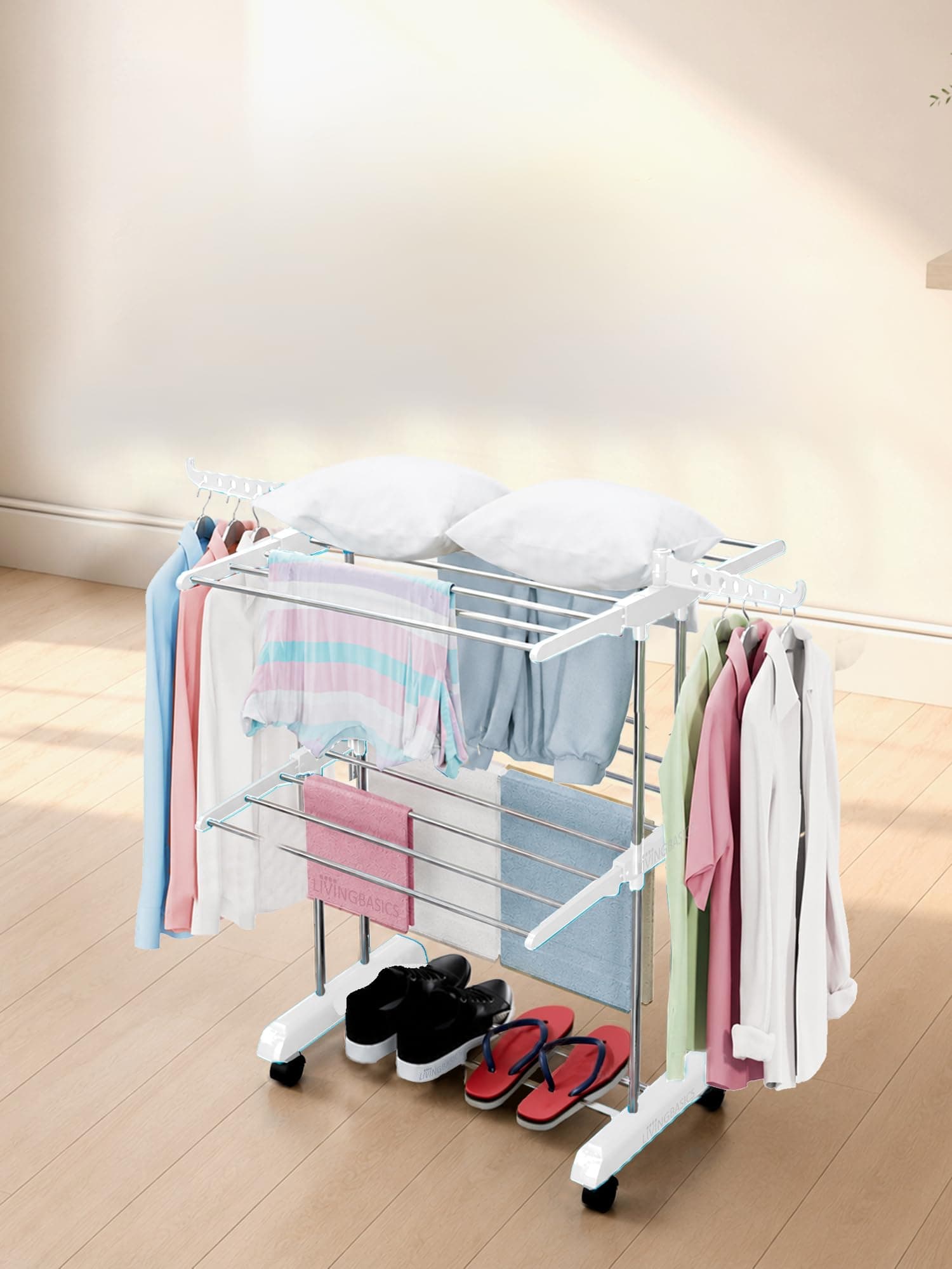 LIVINGBASICS 2 Layer Clothes Stand for Drying Foldable Rack, Snow White