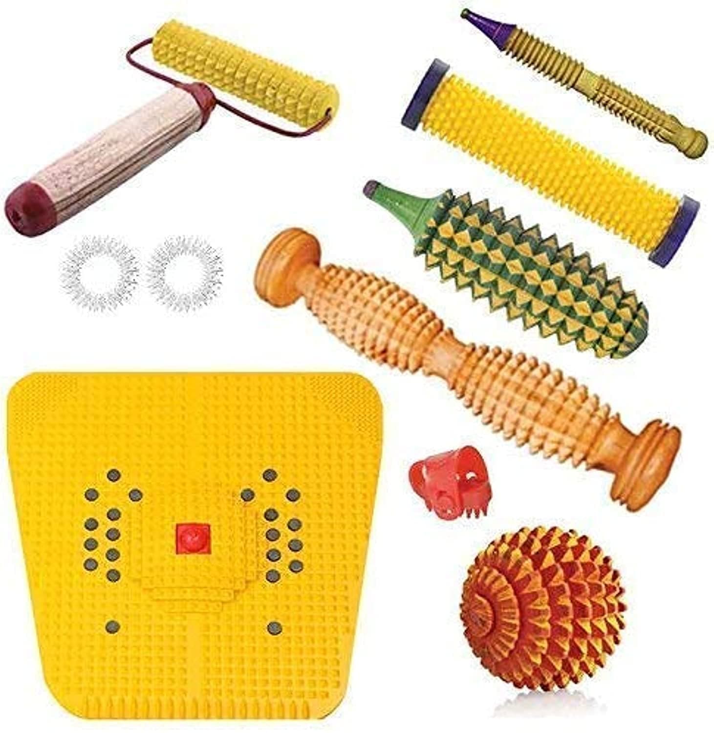 ACi Acupressure Magnetic Foot Massager Mat Wooden Foot Roller Kit Set of 9 | Acupressure Combo Kit