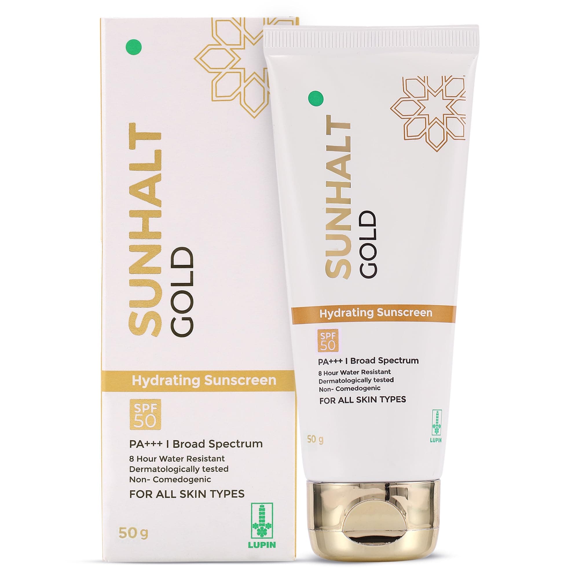 SUNHALT GOLD Sunscreen SPF 50 PA+++ for UV Broad Spectrum Protection, Hydrating Gel With Aloe Vera, No White Cast, Water Resistant, Dermatologically Tested, For Men and Women, All Skin Types, 50g.
