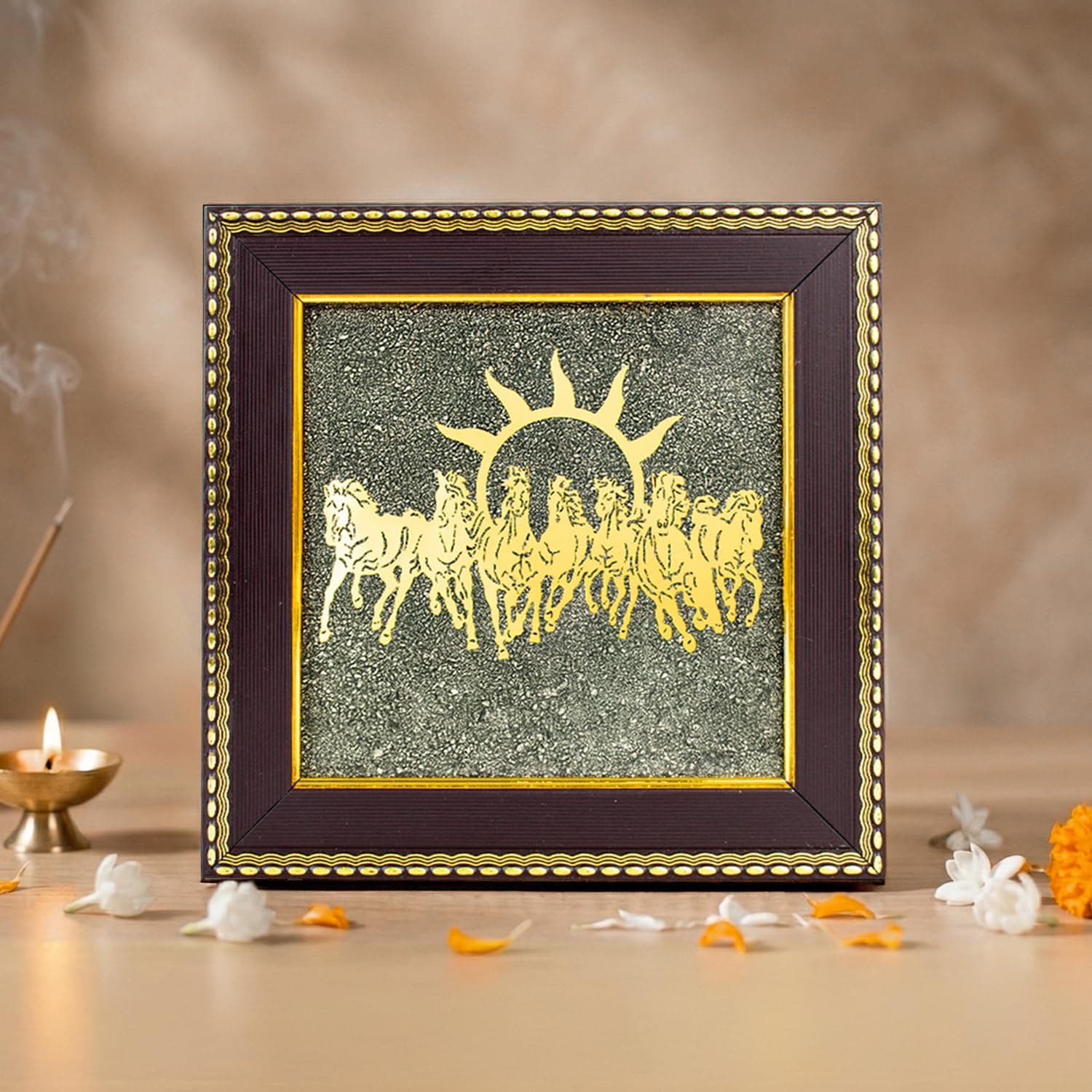 Astrotalk 7 Horses on Raw Pyrite Frame | Seven Horses Wall Decor Pyrite Stone Frame for Success & Fame | Vastu Items for Money Attraction | Wall Decor | Ideal Gift | 7.5x7.5 Inch | 1 Piece
