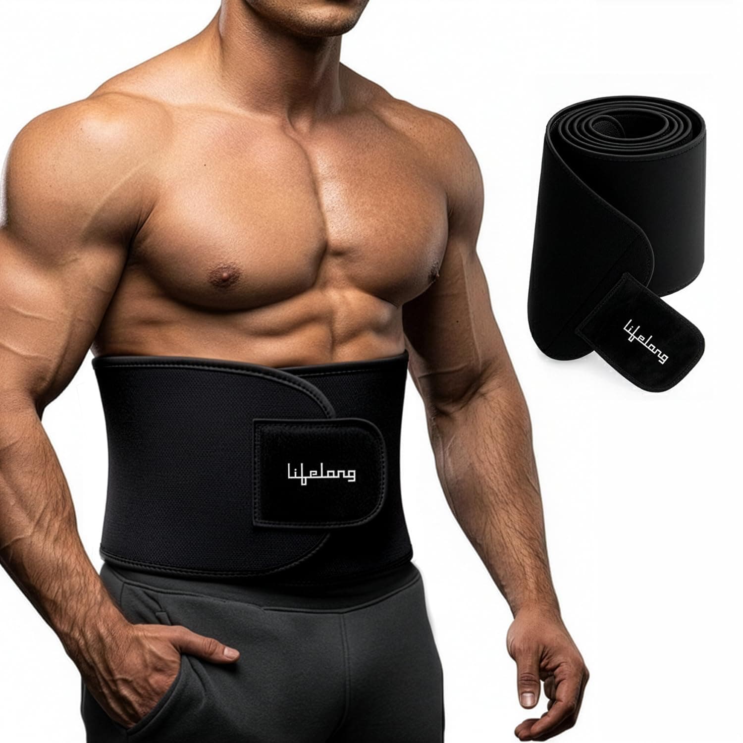 Lifelong Sweat Belt | for Stomach | Men and Women | Non-Tearable Sauna Waist Trainer-Belt | Neoprene Waist Trimmer for Gym, Yoga, Running and Fitness | Adjustable Slimming-Belt (Black, Size L)