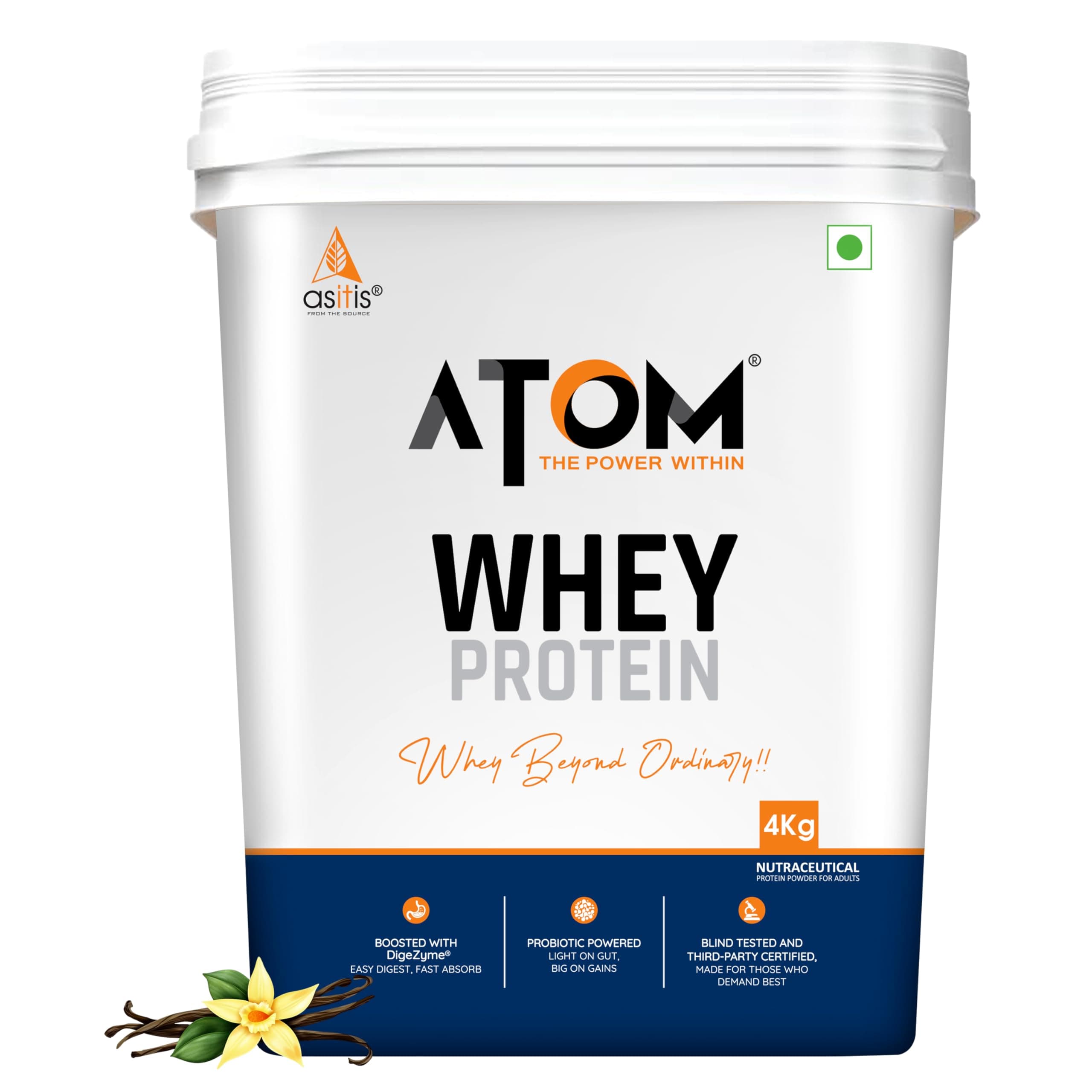 AS-IT-IS ATOM Whey Protein 4kg | 27g protein | Isolate & Concentrate | French Vanilla | USA Labdoor Certified | With Digestive Enzymes for better absorption