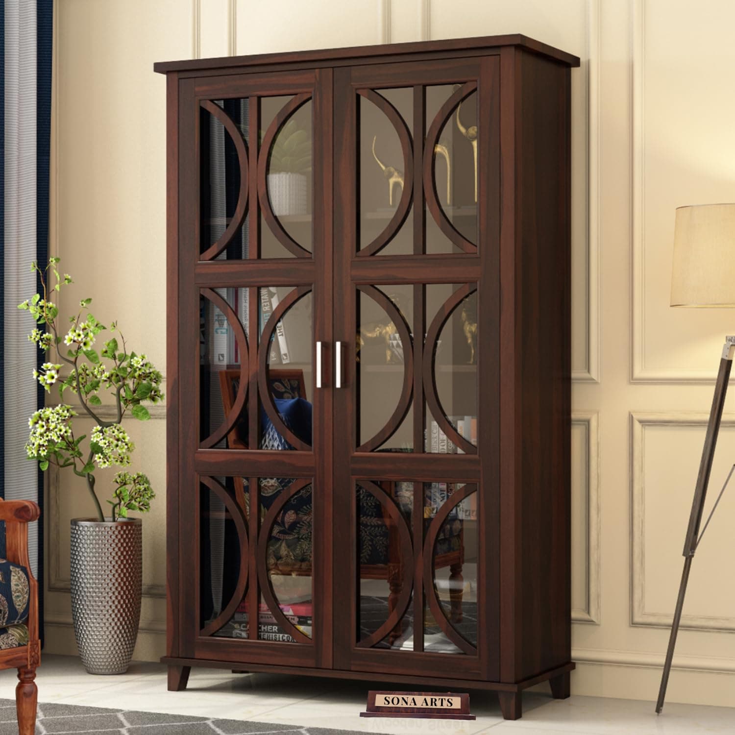 MODERN FURNITURE SHEESHAM Wooden Crockery Cabinets with Glass Door | Wooden Showcase Almirah | Solid Wood Book Shelf for Home Crockery Unit for Kitchen Living Room (Walnut Finish)