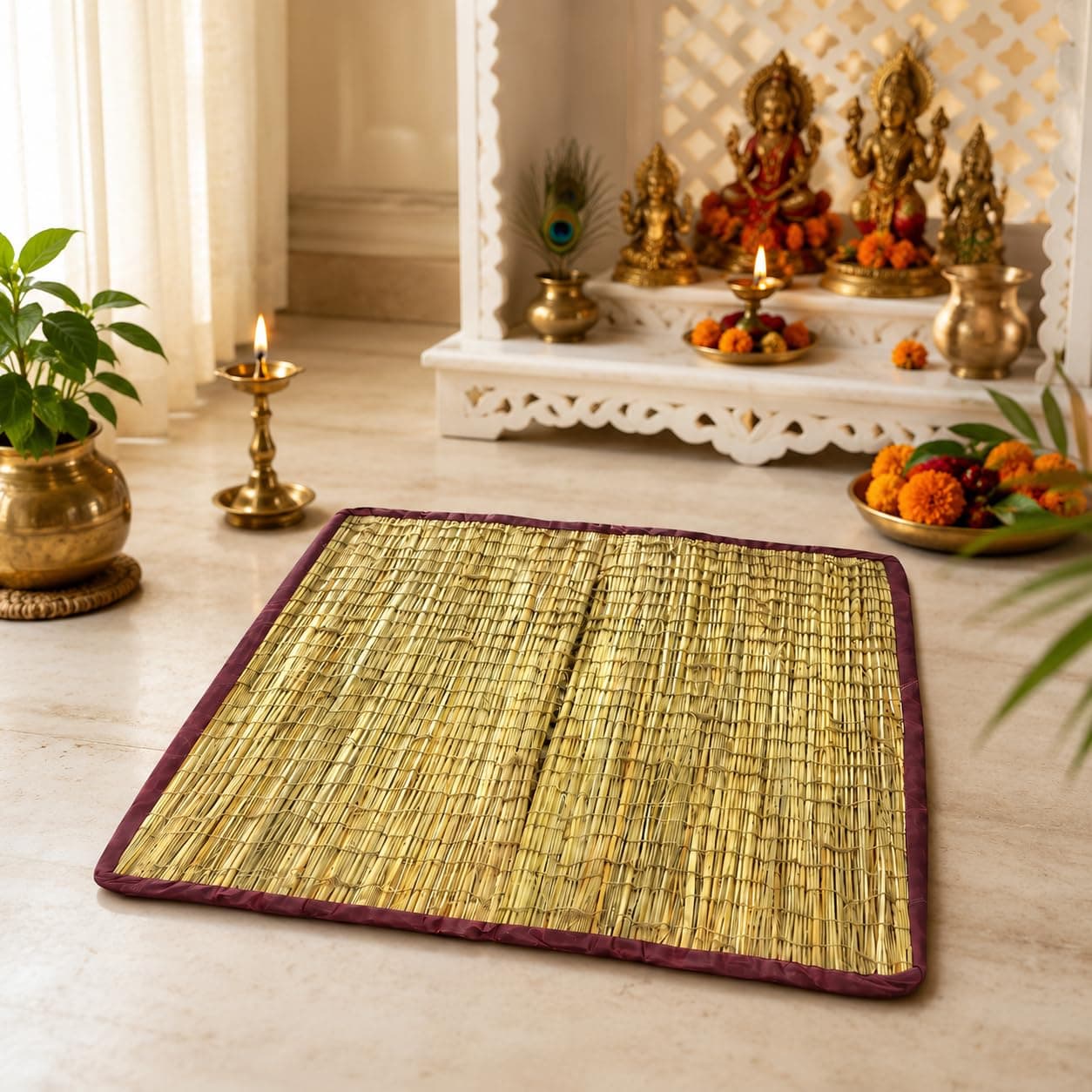 Achleshwar Natural Kusha Grass Aasan for Puja,Mandir, Yoga, Meditation, Pranayam, Natural Foldable Pooja Sitting Chatai, Multi Purpose Traditional Floor Mat Aasan Size 22 x24 inch) daab aasan