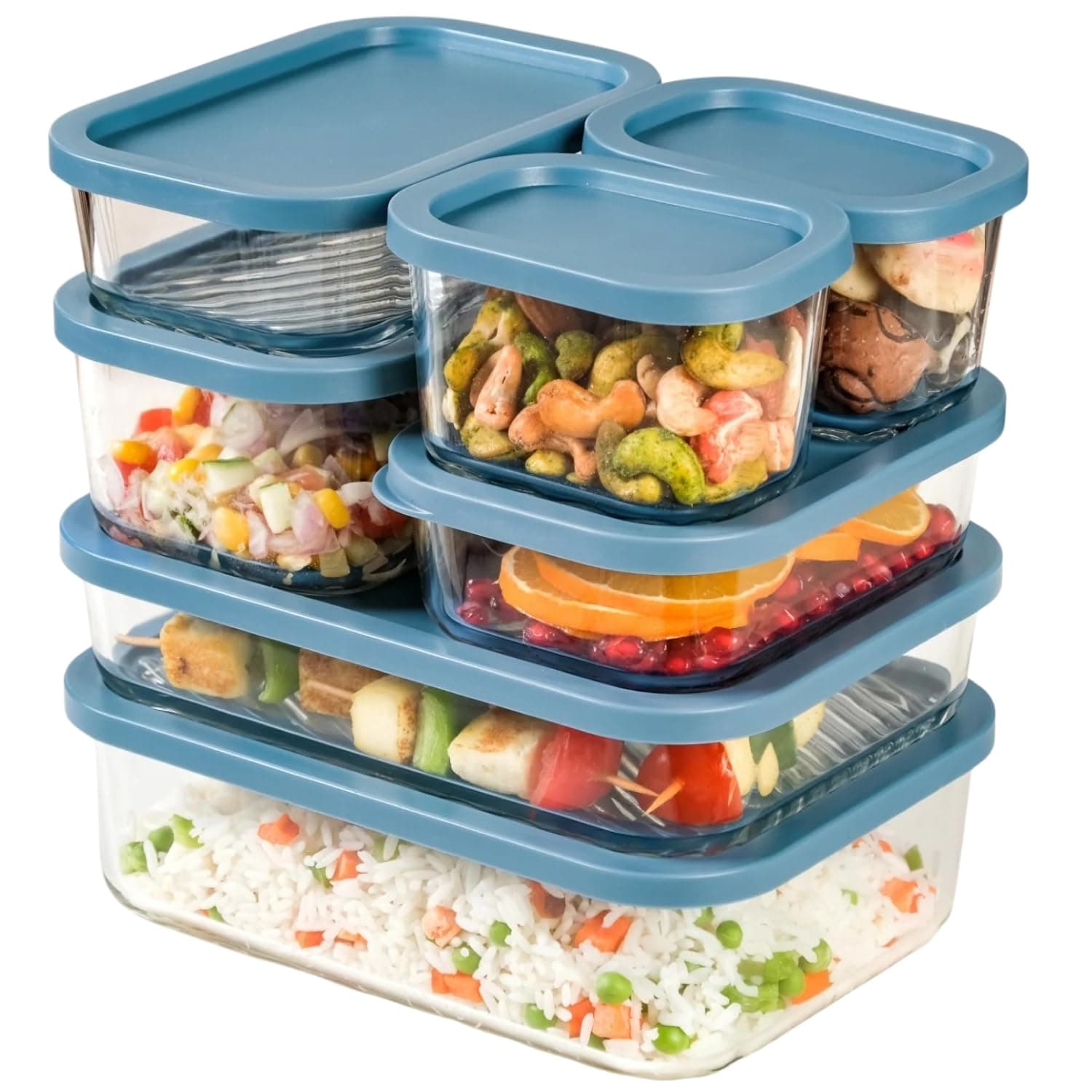 Nestasia Groovo Glass Fridge Storage Box Set of 7 (S-310ml x 2, M-520ml x 2, L-750ml, XL-1200ml, XXL-1700ml) Transparent Stackable Glass Container with Lid, Microwave & Dishwasher Safe (Blue)