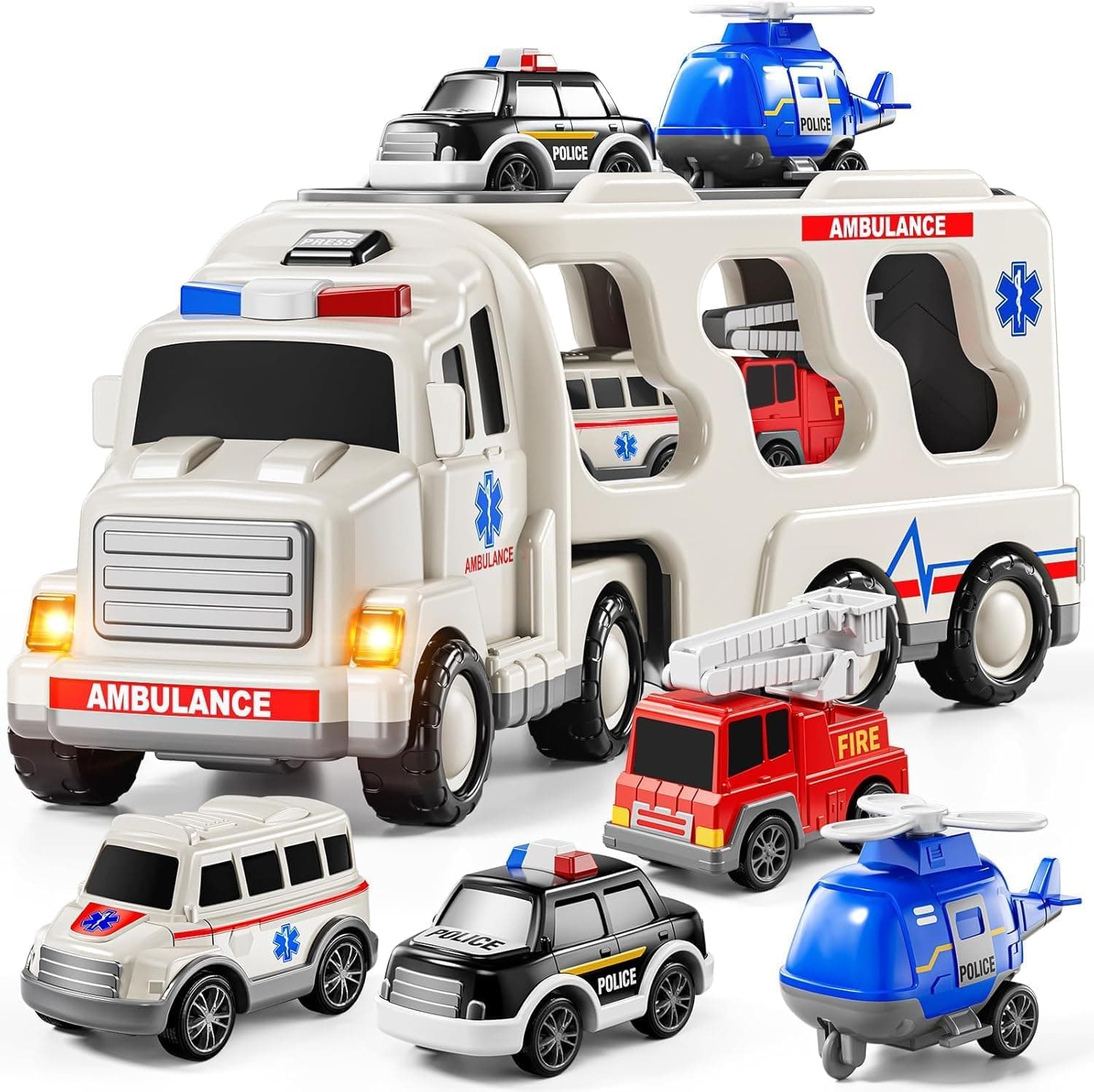 Storio 5 in 1 Ambulance Truck Toy for Kids 3-5 Years Boys Girls | Transport Carrier Vehicle Set with Police Car Fire Truck Helicopter | Friction Powered Light Sound Toys for 3 4 5 6 7 8 9 Years