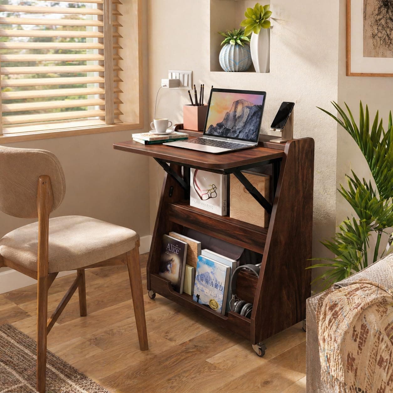 Studio Kook Nora Folding Table (Study Table, Multipurpose Desk with Wheels, Engineered Wood, Matte Finish) (Junglewood)