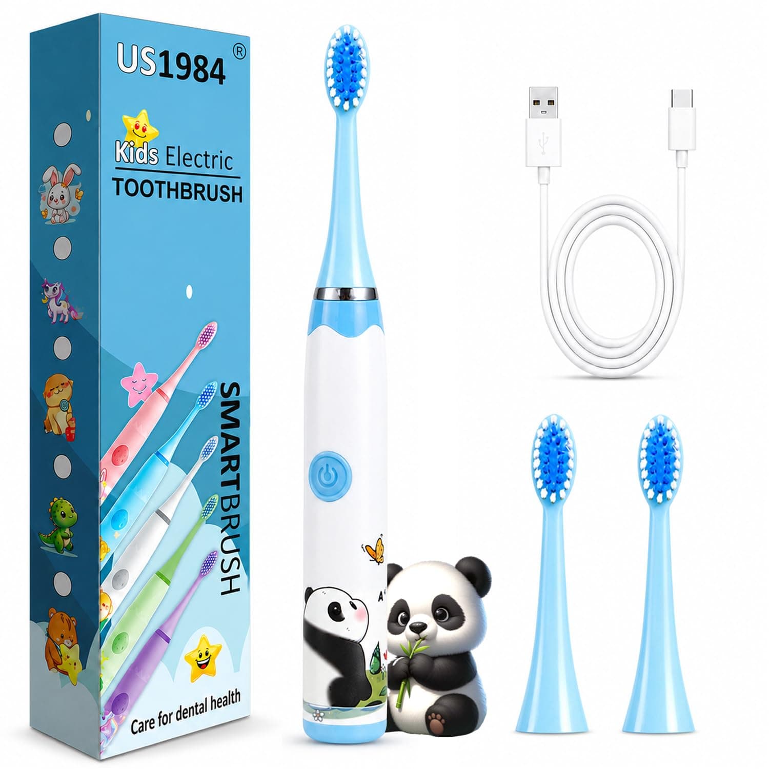US1984 Sonic Electric Toothbrush for Kids with 4 Modes, 3 Brush Heads & Type-C Rechargeable, Ultra Soft Nylon Bristles, IPX7 Waterproof, Electric Power Tooth brush (White)