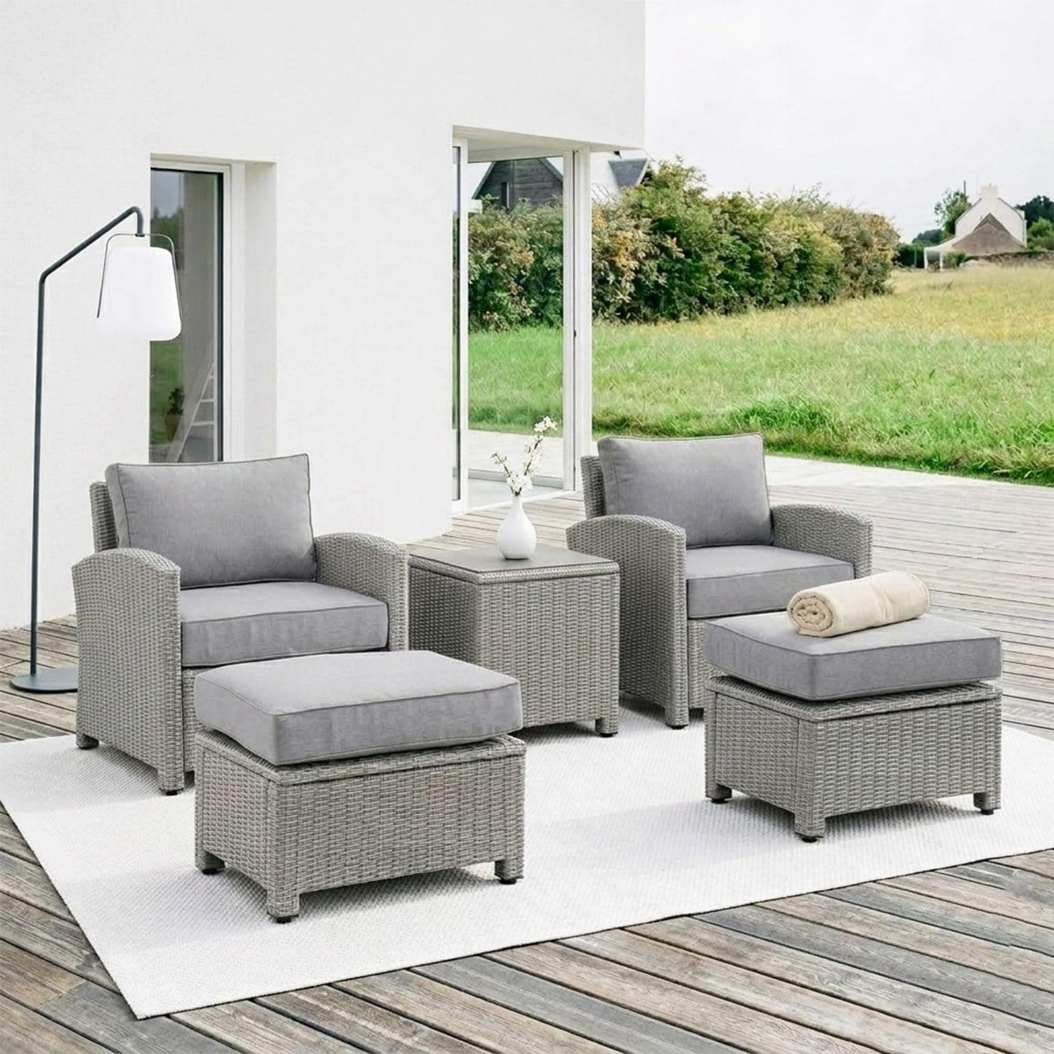 DEVOKO 5 Pieces Patio Furniture Set Outdoor Sofa and Ottoman Set with Cushions & Center Table, HDPE Wicker Rattan for Lawn, Pool, Balcony, Backyard (Silver and Grey)