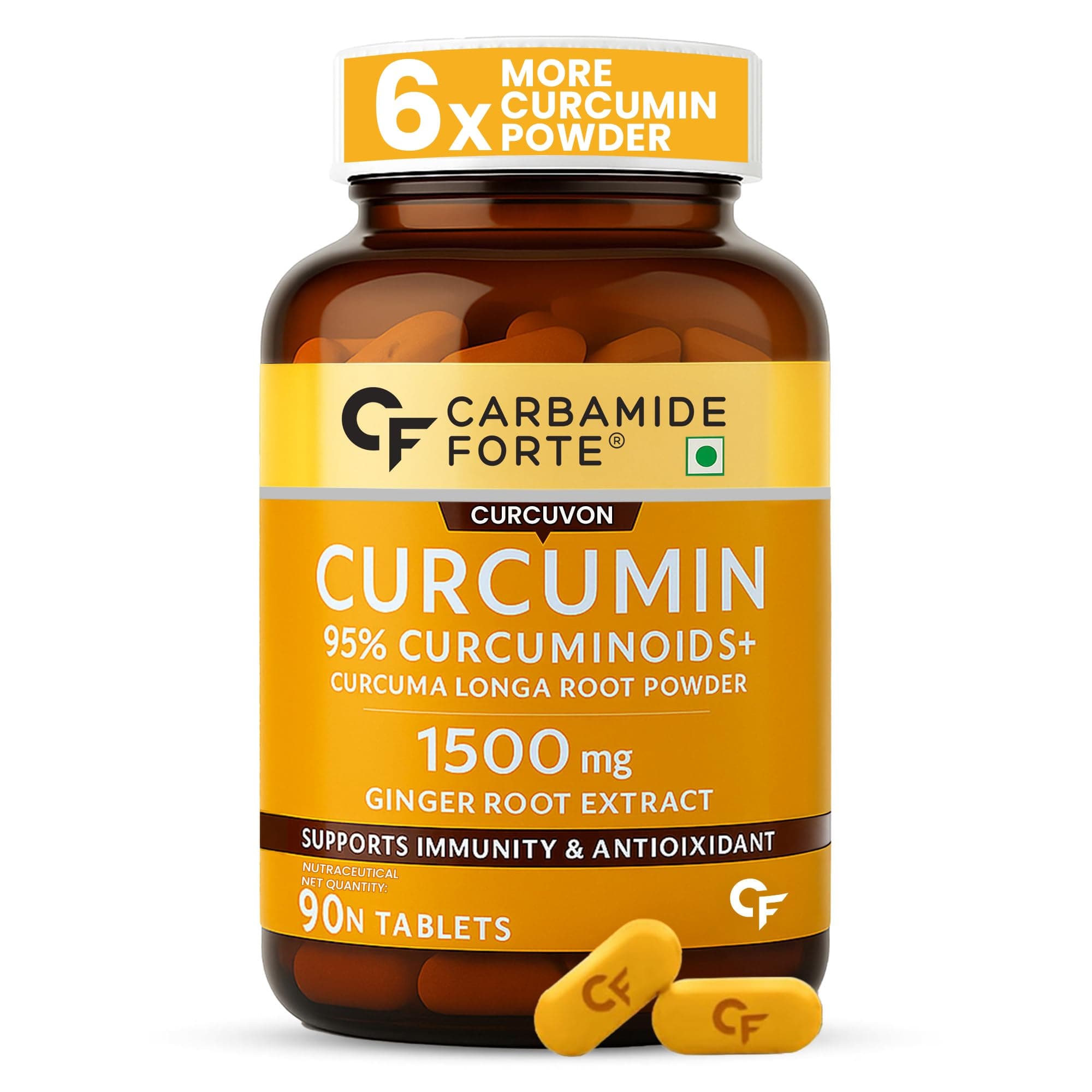 Carbamide Forte Curcumin Tablets with Piperine and 95% Curcuminoids | Anti inflammatory Supplement for Adults | With Curcuma Longa, Turmeric & Ginger Root extract | 90 Veg Tablets