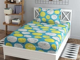 BSB HOME Glace Cotton Large Leaf Print Mix N Match Single Bed Sheet with 1 Pillow Covers for Single/Coat/Diwan Bed, Beige and Green