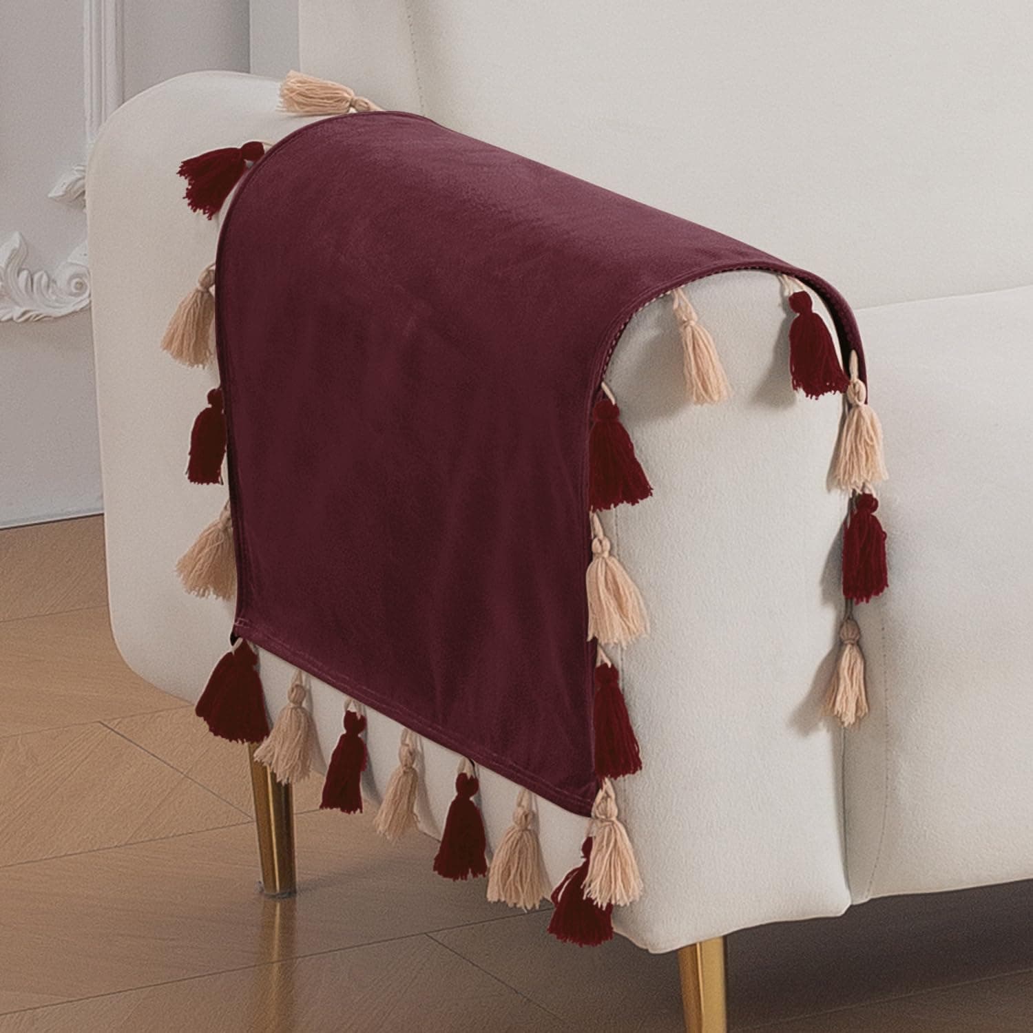 HOKIPO Tassel Tone Sofa Armrest Cover 2 Pc 50x70 cm, Wine Red | Pair of tasselled velvet arm covers, 50x70 cm each. Matching seat mats and back covers available to complete the set.