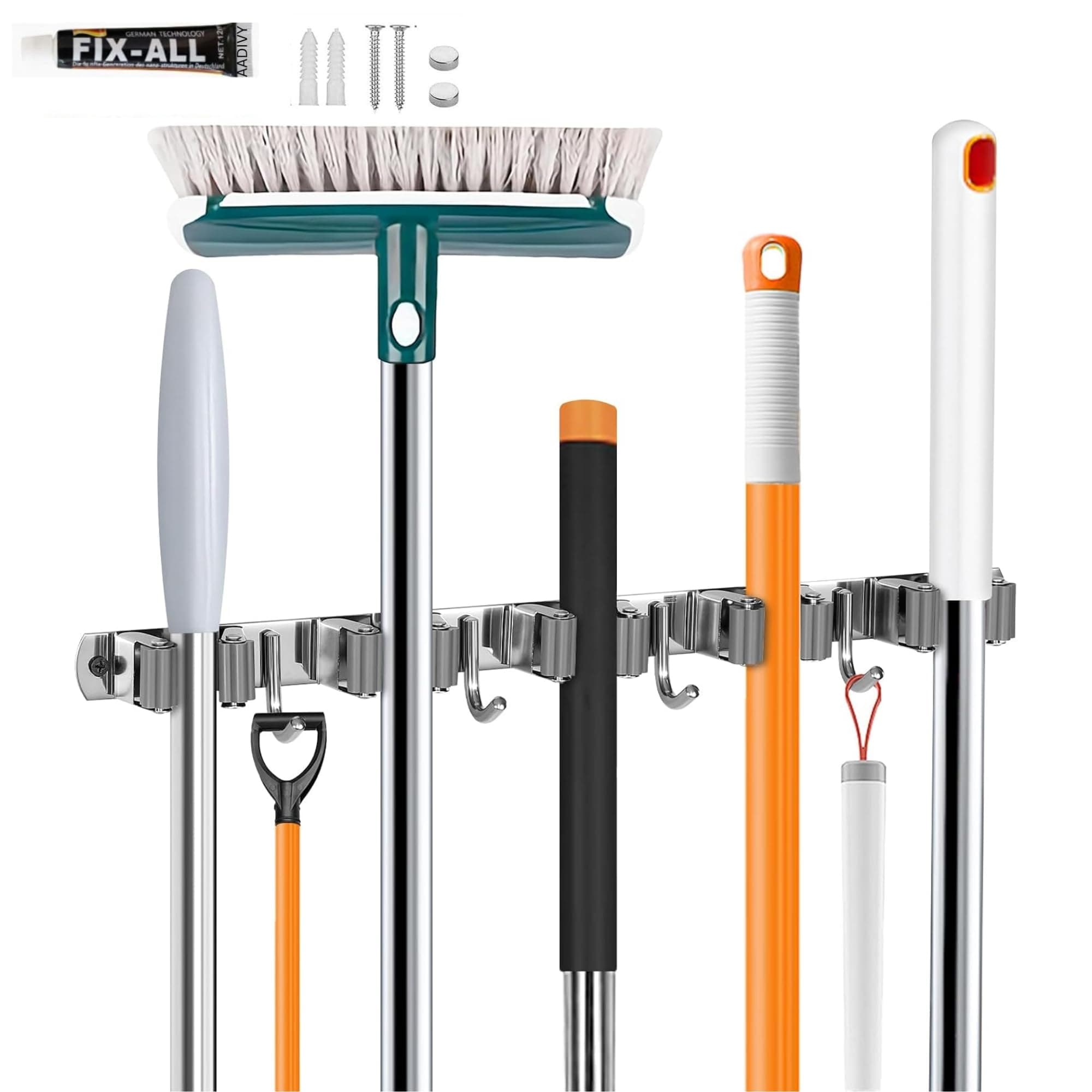 AADIVY Metal Broom Holder & Mop Holder Wall Mount 5 Slot + 4 Hooks | Heavy-Duty Mop Hanger for Wall (Drill & No-Drill) | Non-Slip Jhadu Holder, Broom Organizer for Home & Kitchen