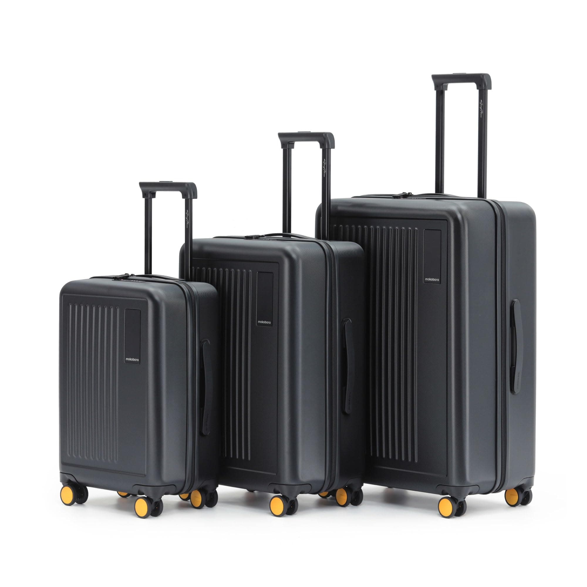 MOKOBARA The Transit Luggage Set of 3 | 40L, 65L & 100L Capacity | Polycarbonate Hardshell | Silent Hinomoto Wheels | for All Travel Needs | Black | Money Moves