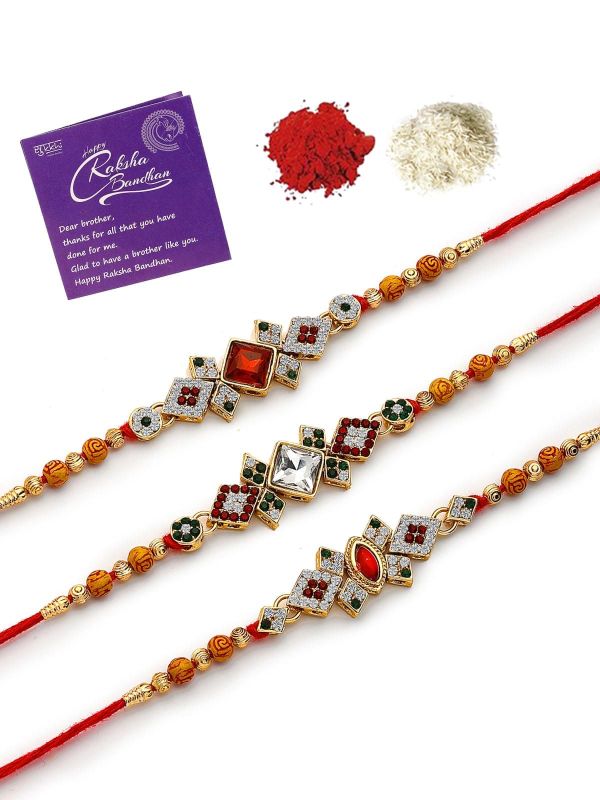 Sukkhi Rakhi for Brother Pretty Kundan Combo & Designer Gold Plated with Roli Chawal & Greeting Card|Set of 3