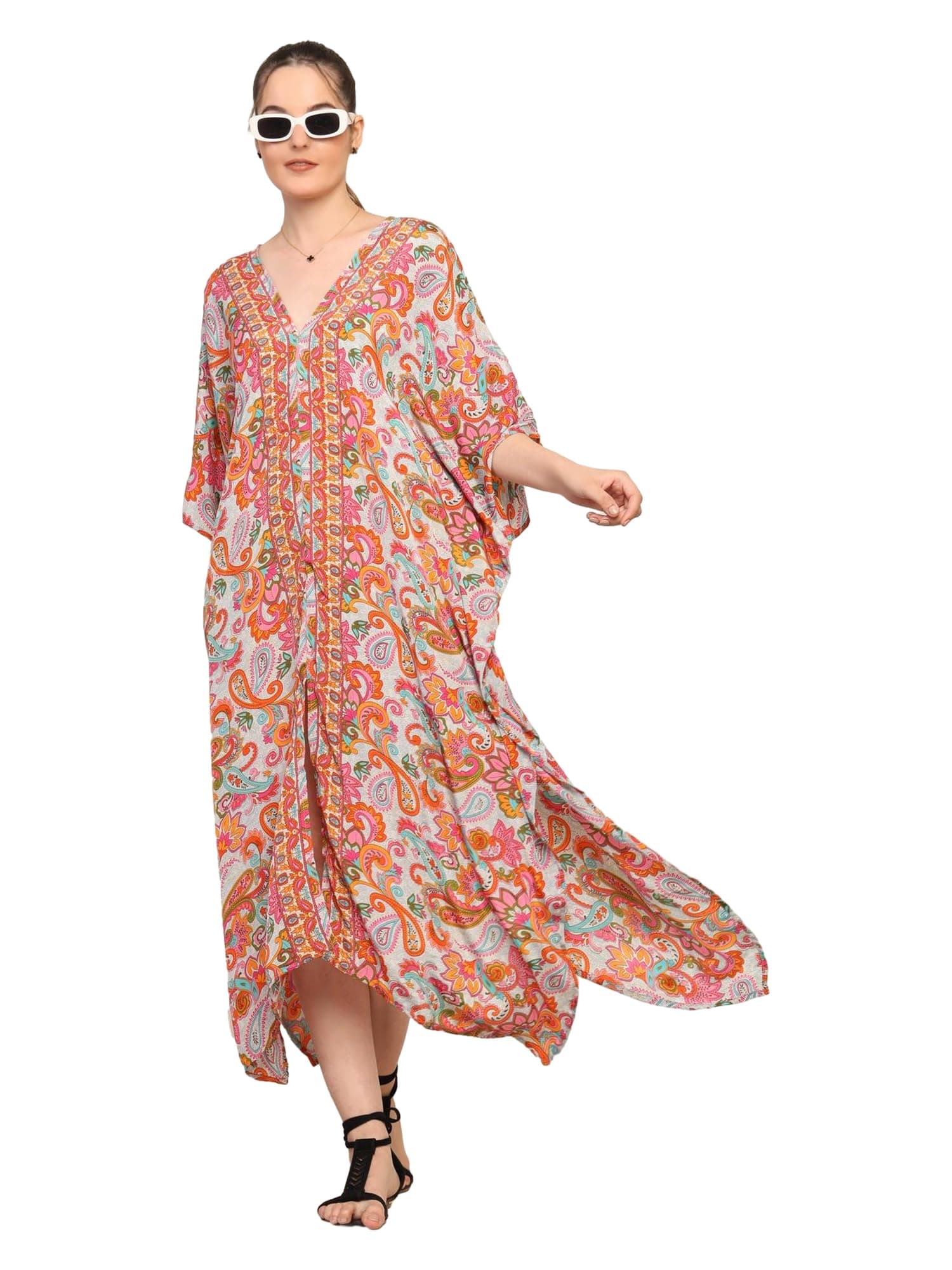 KE KANHA EXPORTS Women Beach Wear Dress Stylish Kaftan Maxi Multicolor Premium Soft |Adjustable Tassel Drawstring|Border Print Boho Cover Up|M-XXL