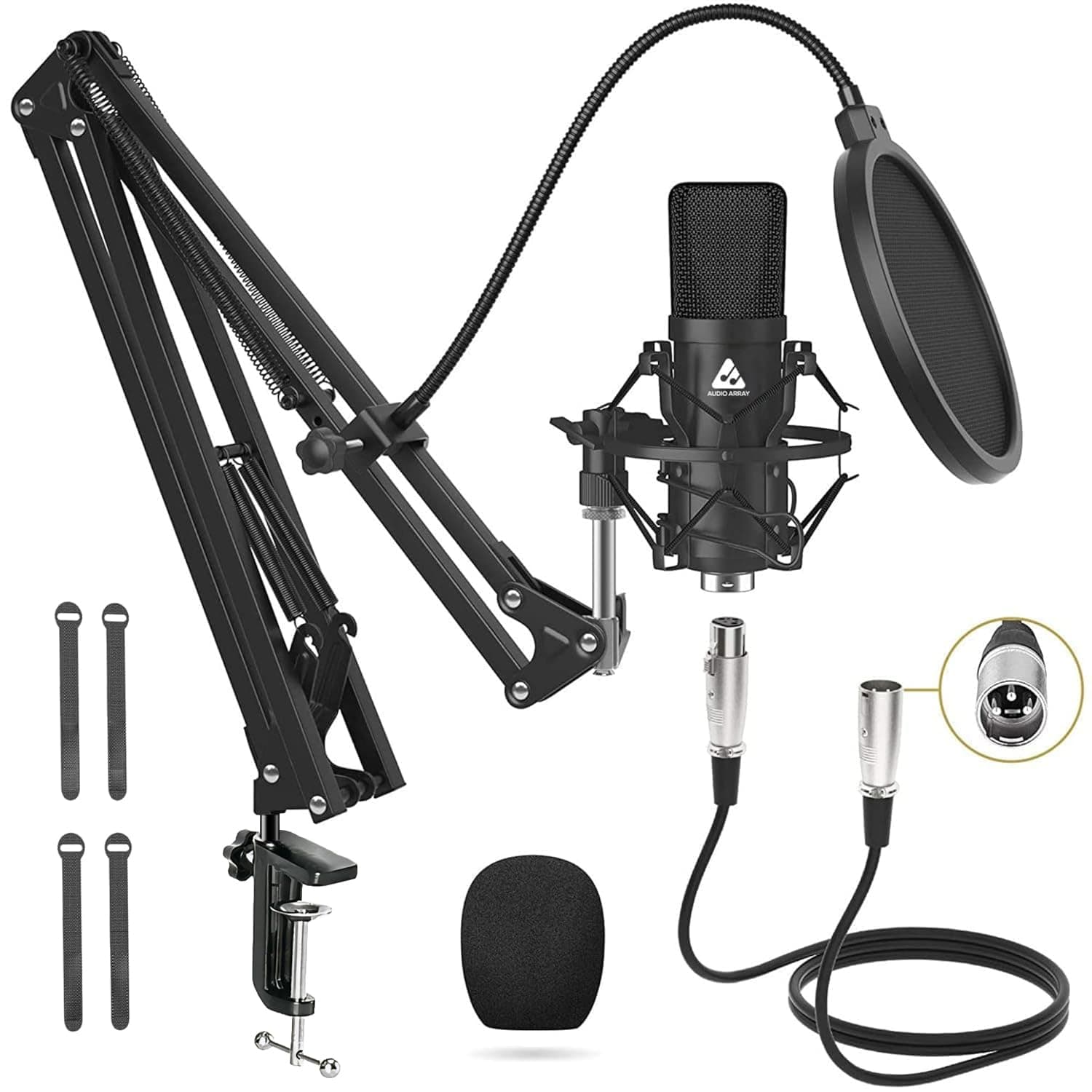 Audio Array Mic | Podcast Mic XLR Condenser Microphone Kit with Boom Arm | Pop Filter | Shock Mount & 2M Cable | Cardioid Recording Microphone for Streaming | Podcasting & Home Studio | AM-C2