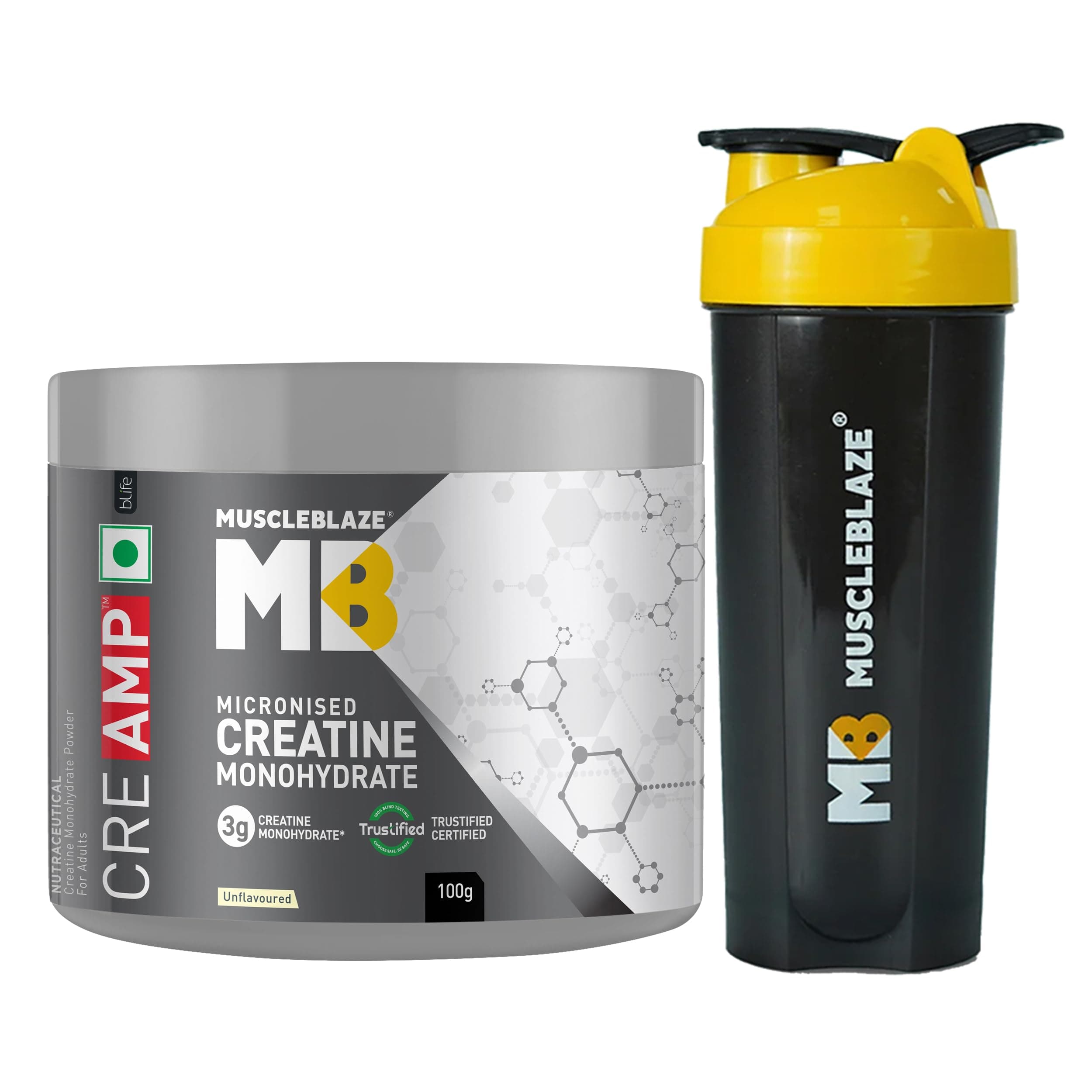 MuscleBlaze Micronised Creatine Monohydrate CreAMP Powder, 100g + Shaker | Unflavoured, 32 Servings | Trustified Certified Creatine